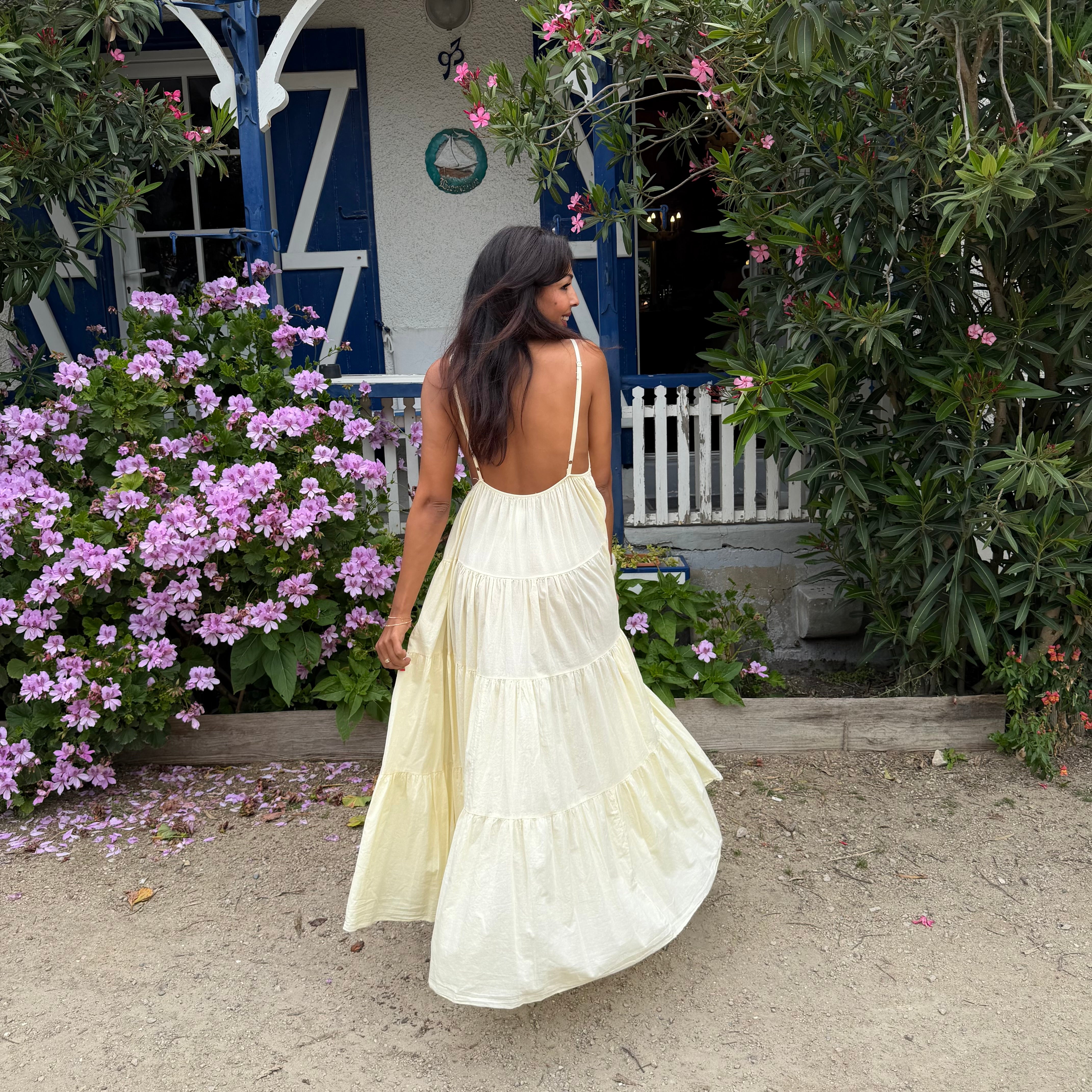 Robe longue SOLEIL bohème jaune dos nu