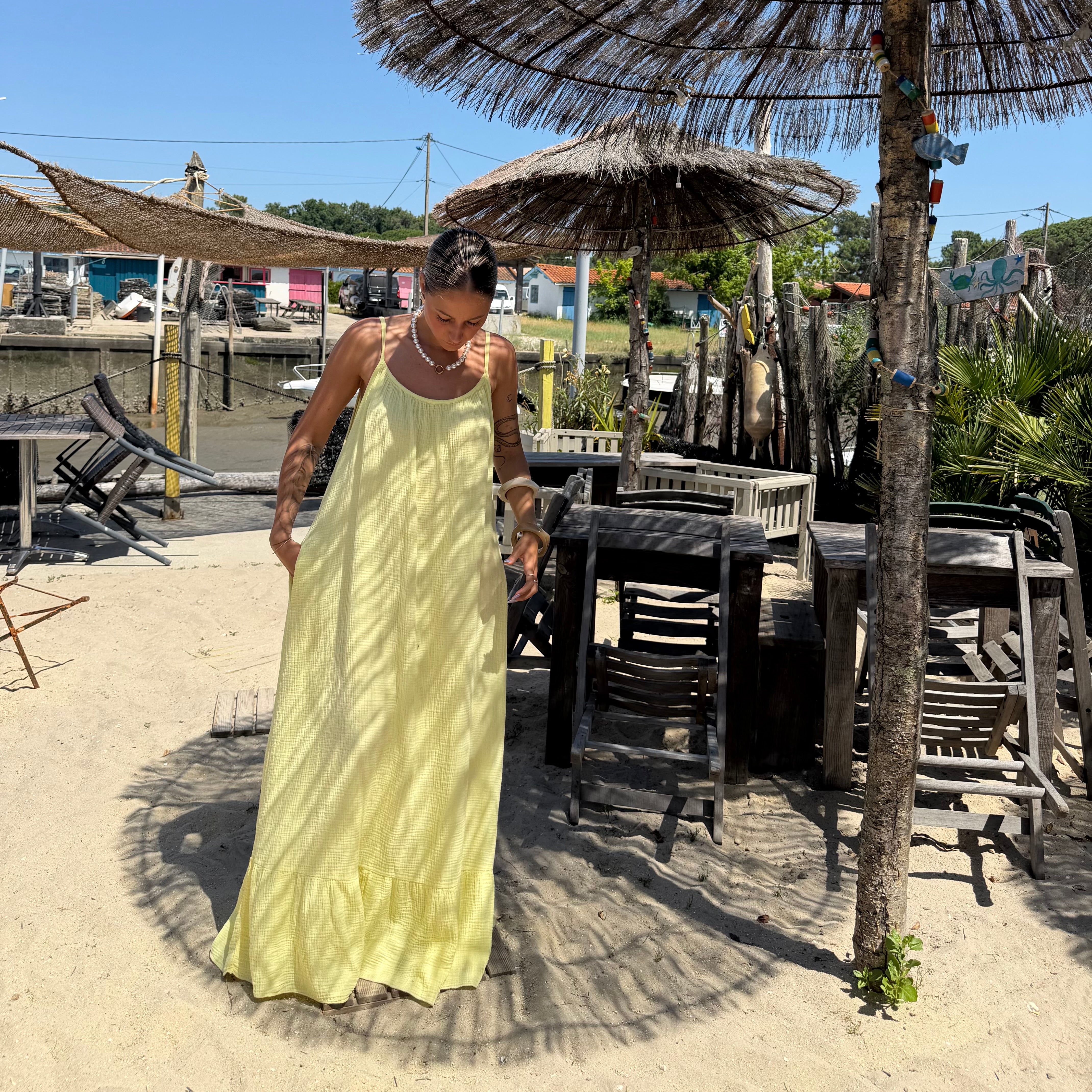 ROBE ANTA LONGUE GAZE DE COTON JAUNE CITRON