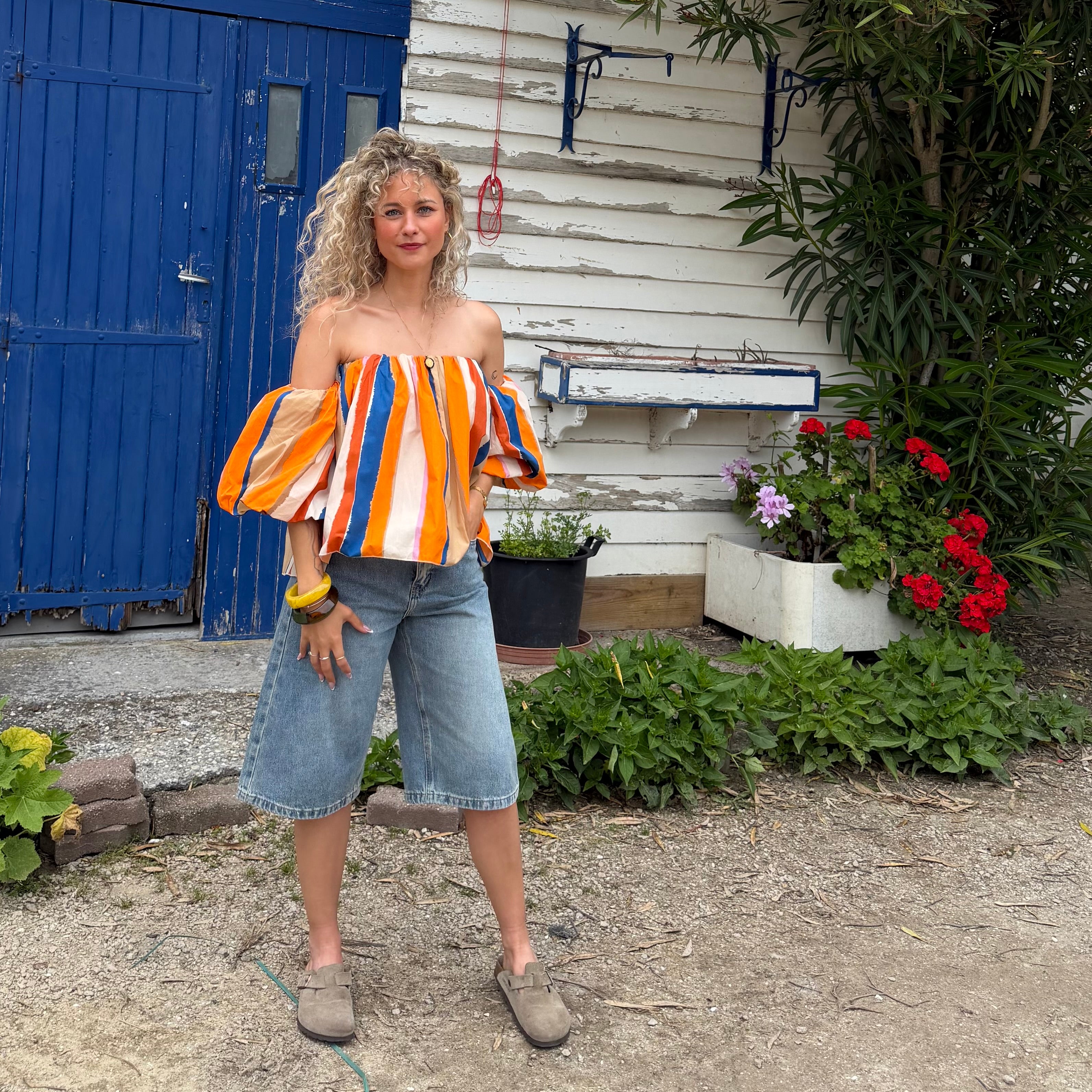 Blouse LIO rayée multicolore orange– coton – col bardot