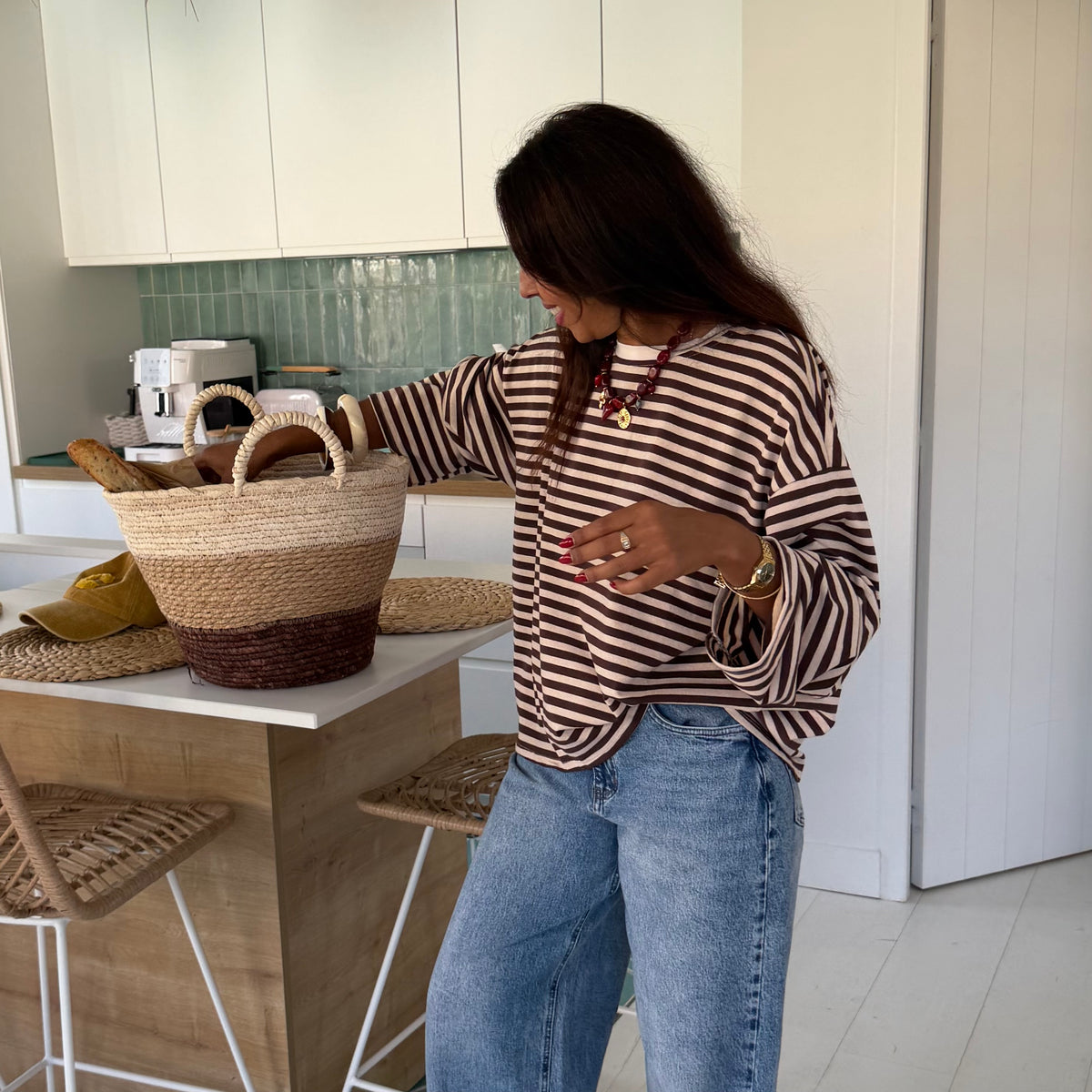 T shirt manche longue MILO rayé beige marron