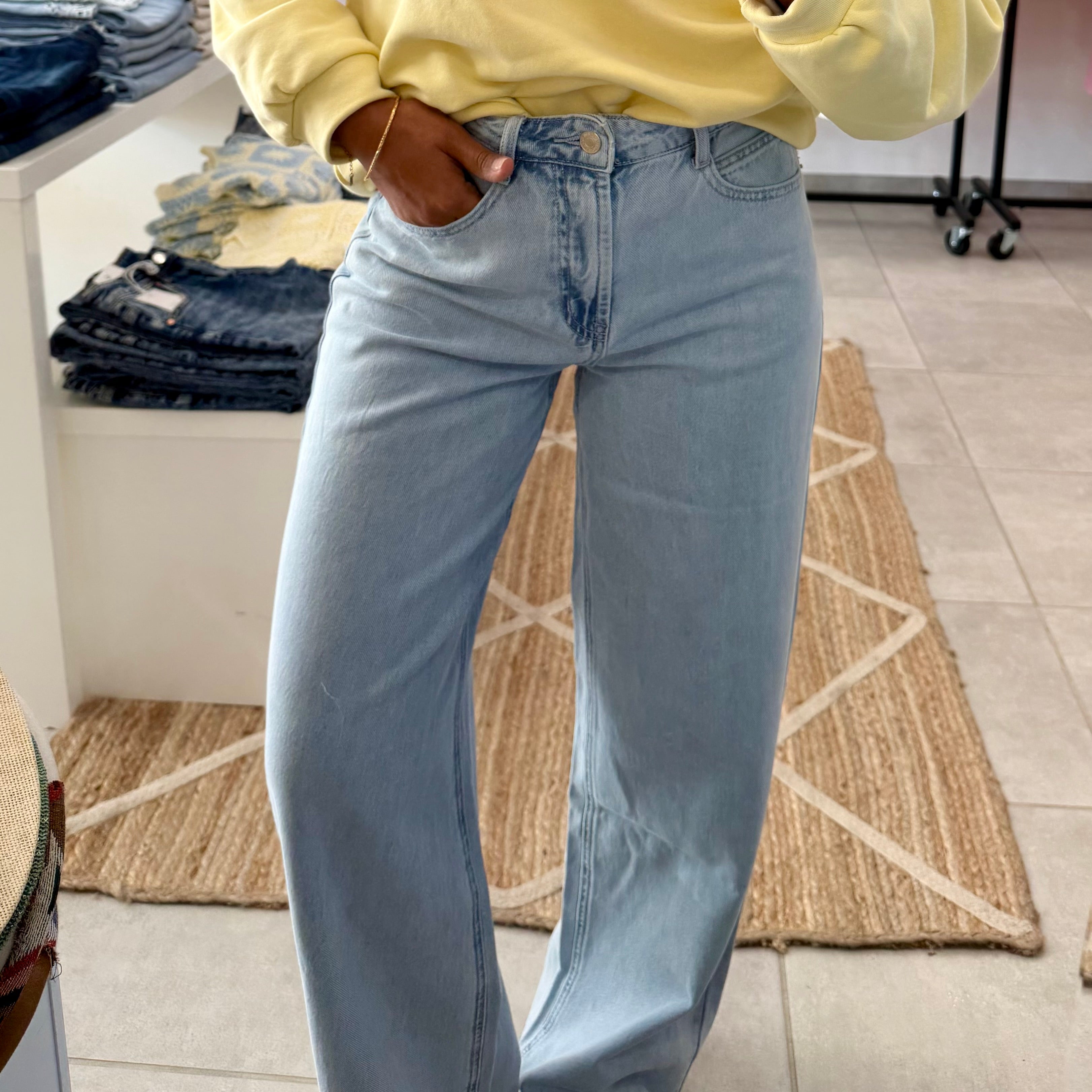 Pantalon fluide JOLY taille haute en coton lyocell effet denim bleu ciel