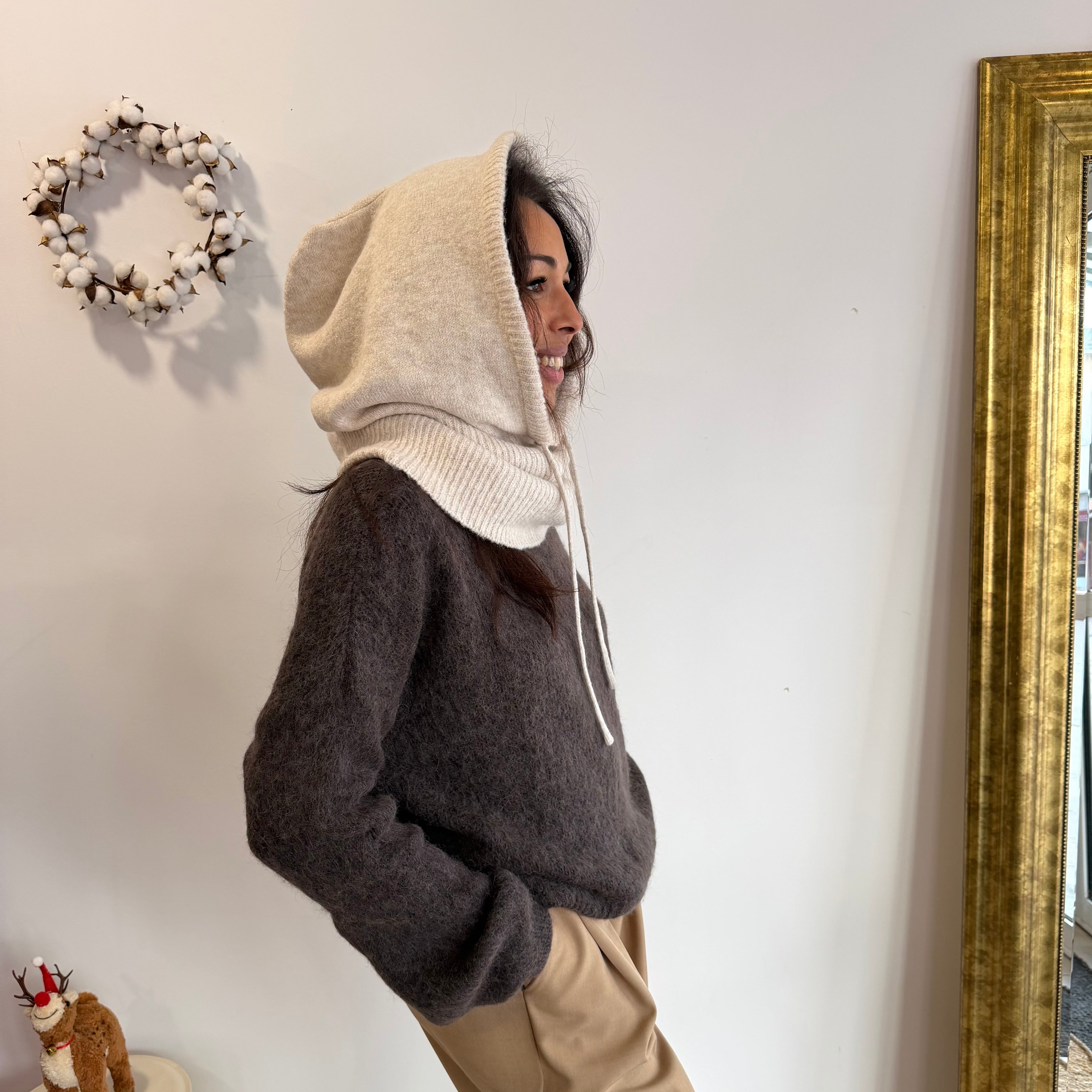 Cagoule ENVY écru en cashmere, col+capuche intégrée