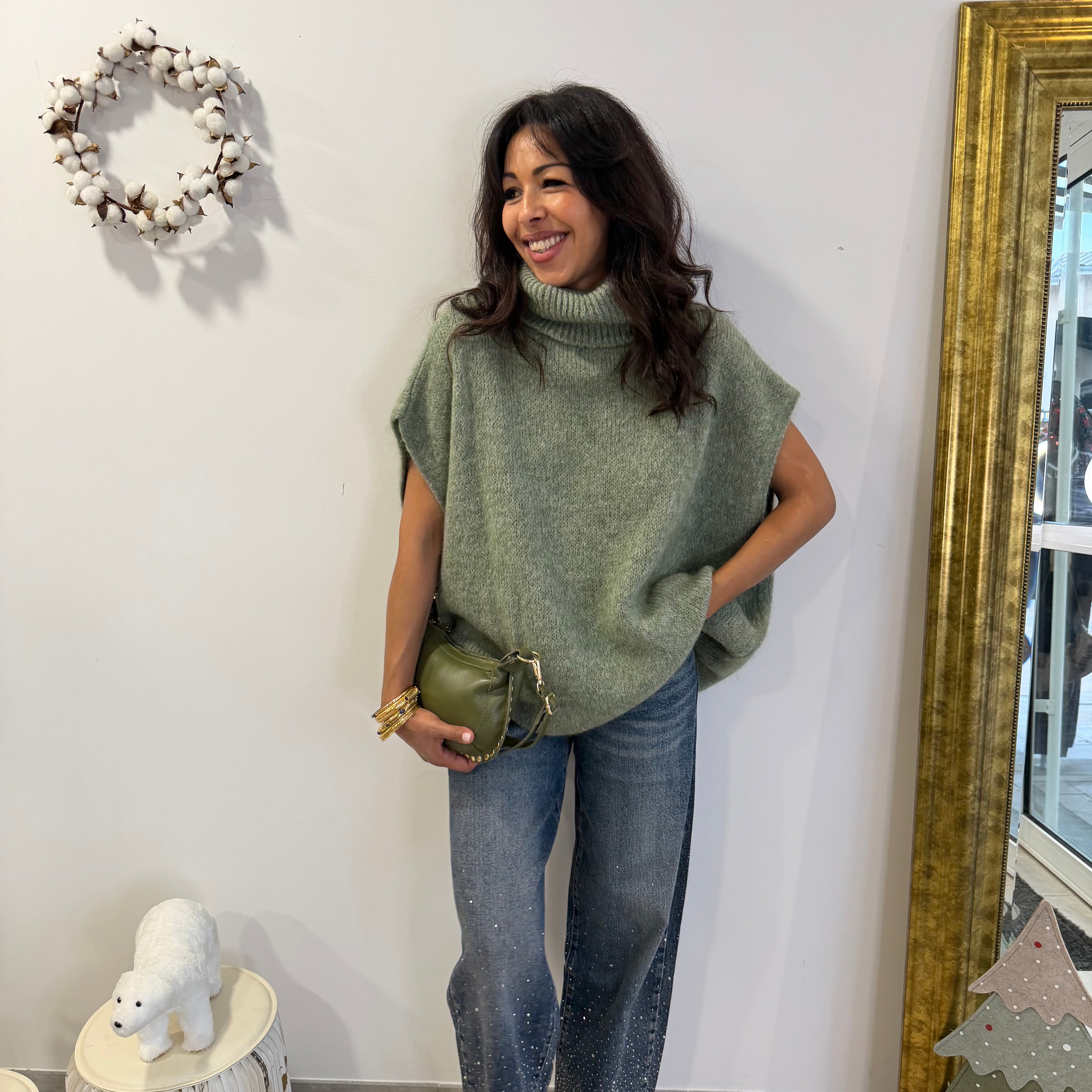 Pull col roulé, ANTA vert, mohair, laine