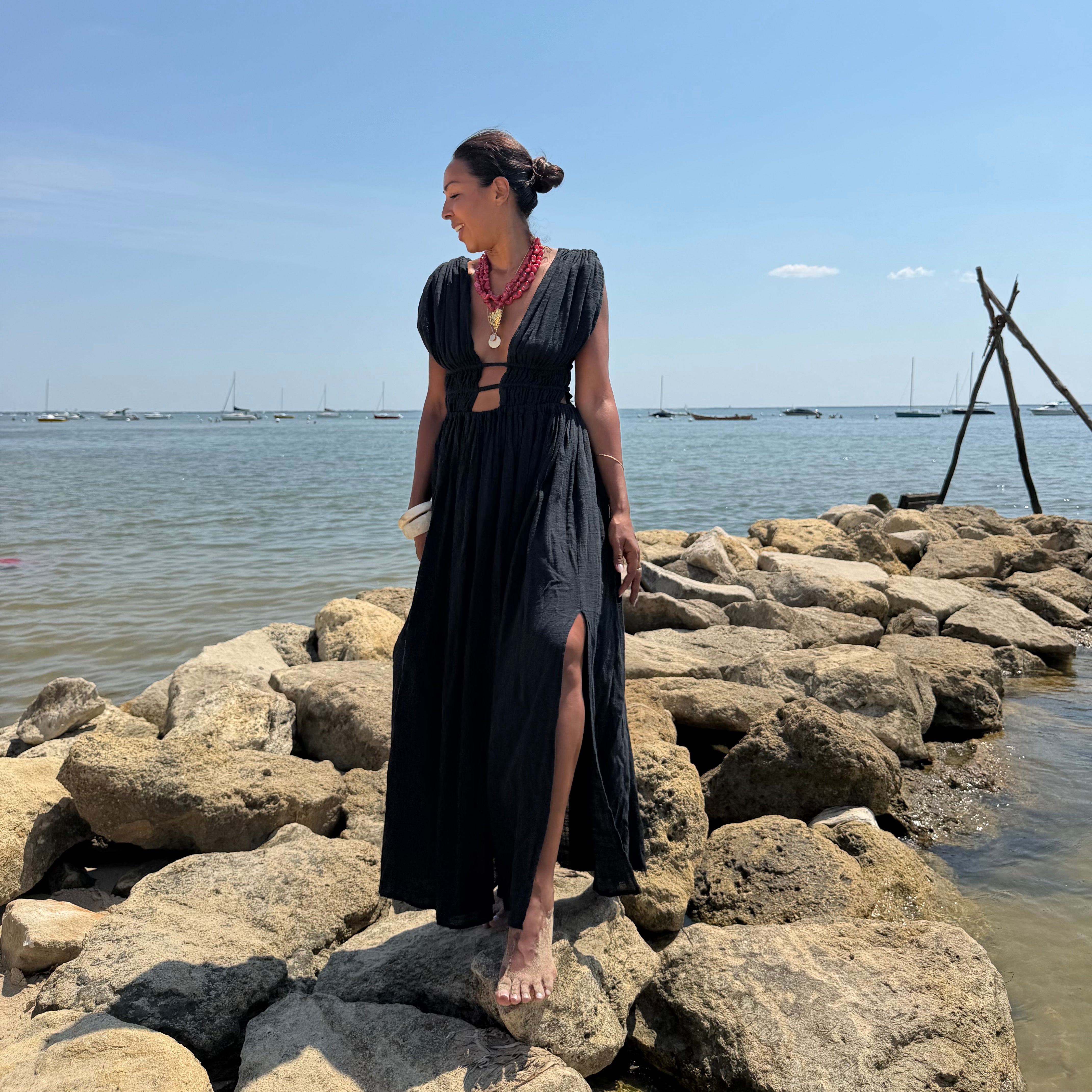 Robe GRECQUE bohème noire dos nu