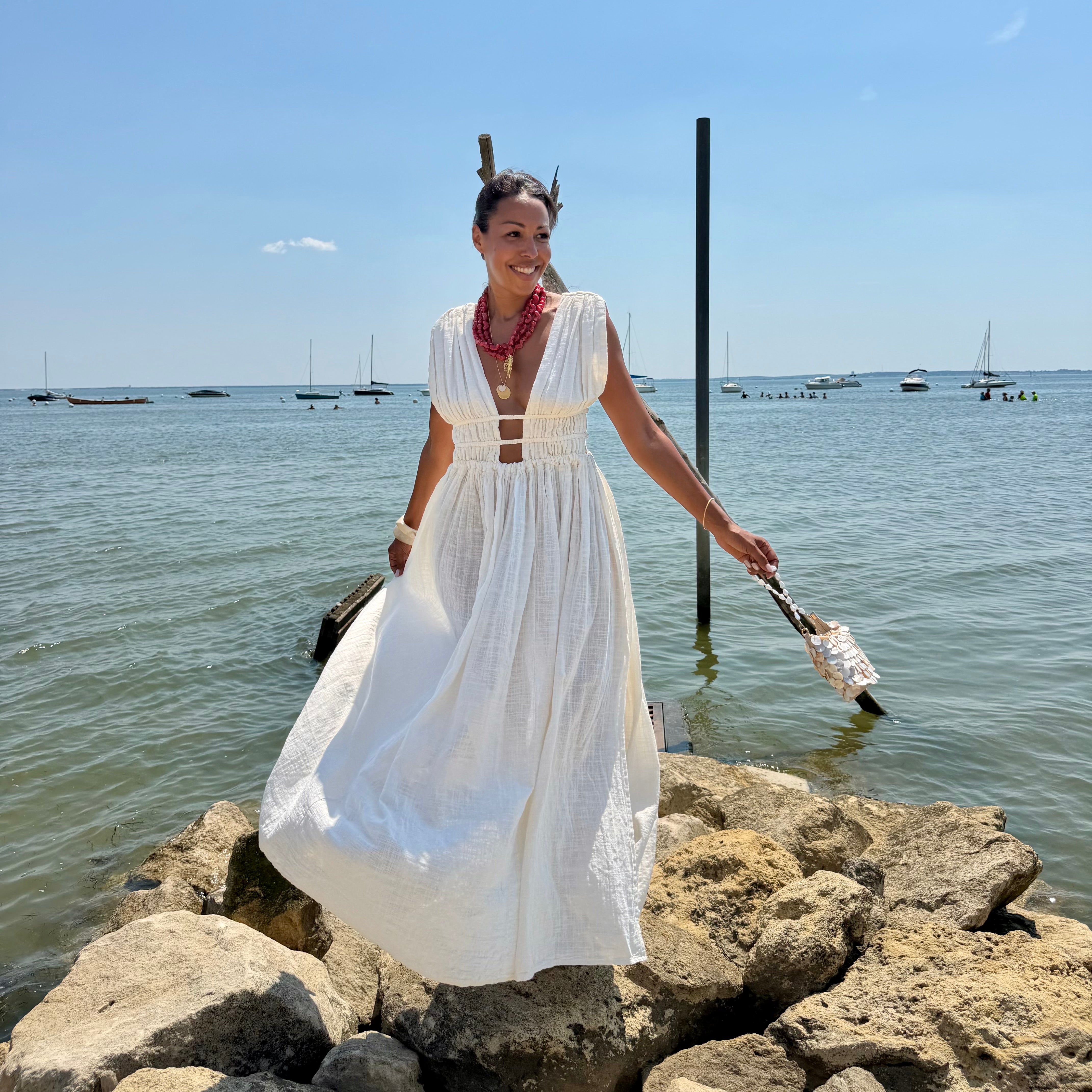 Robe GRECQUE bohème écru dos nu