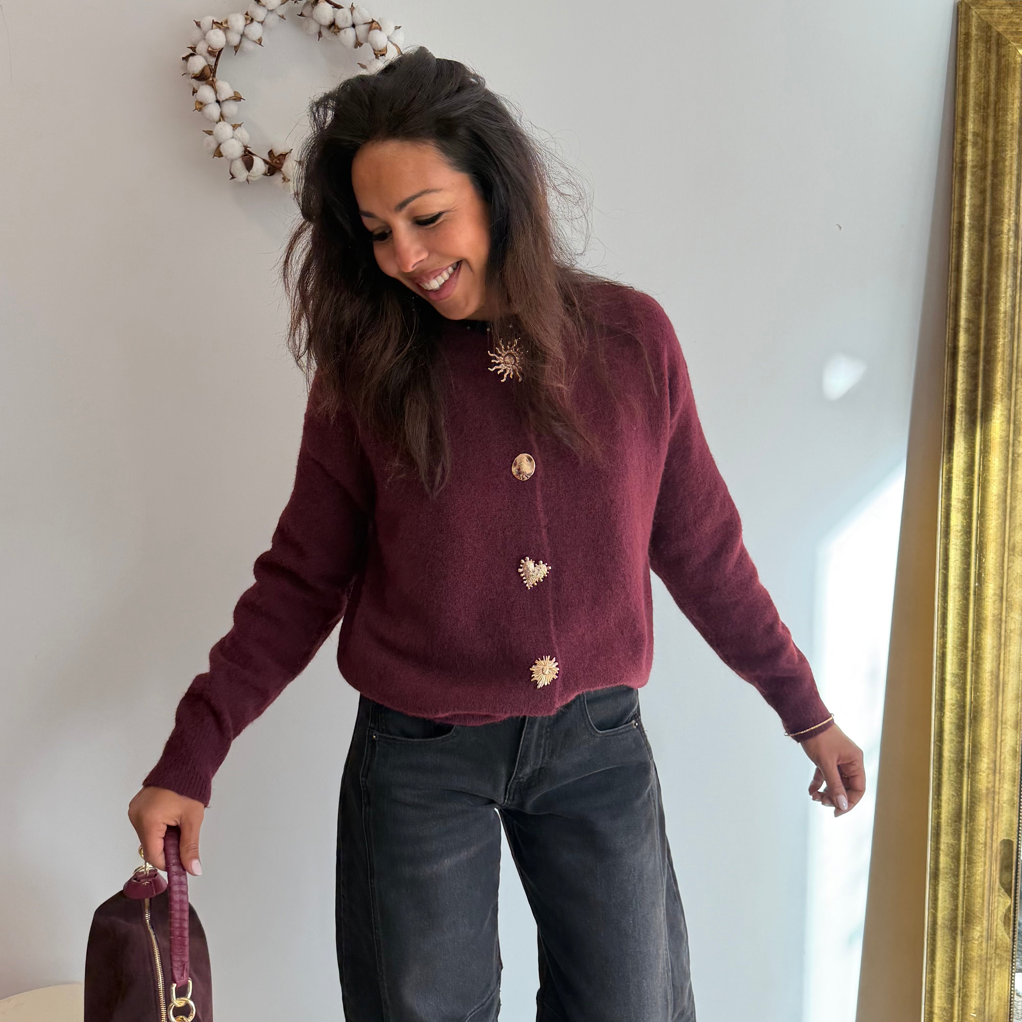 Gilet NOEL, couleur prune, bouton bijoux