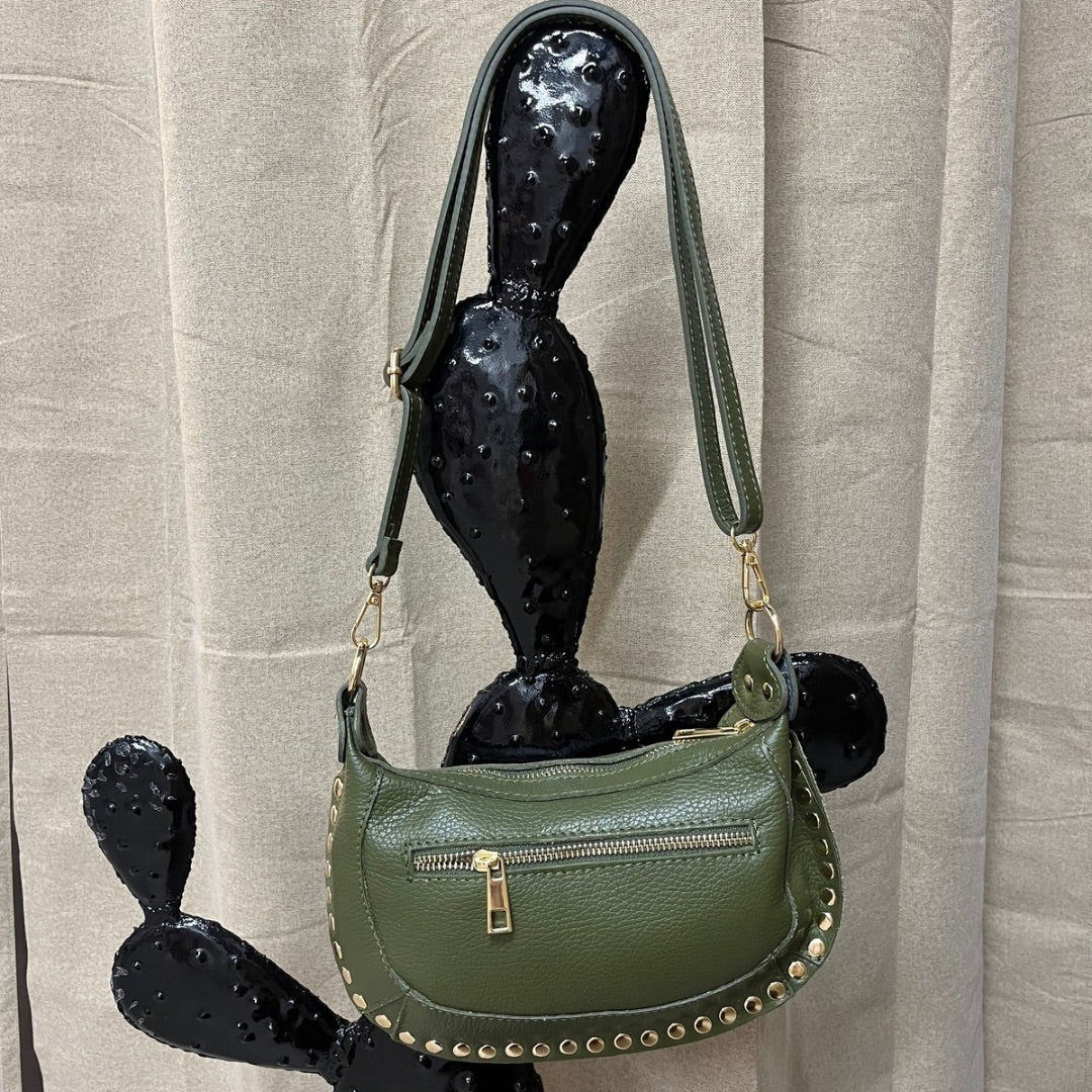 Sac à main clouté en cuir GLORIA kaki