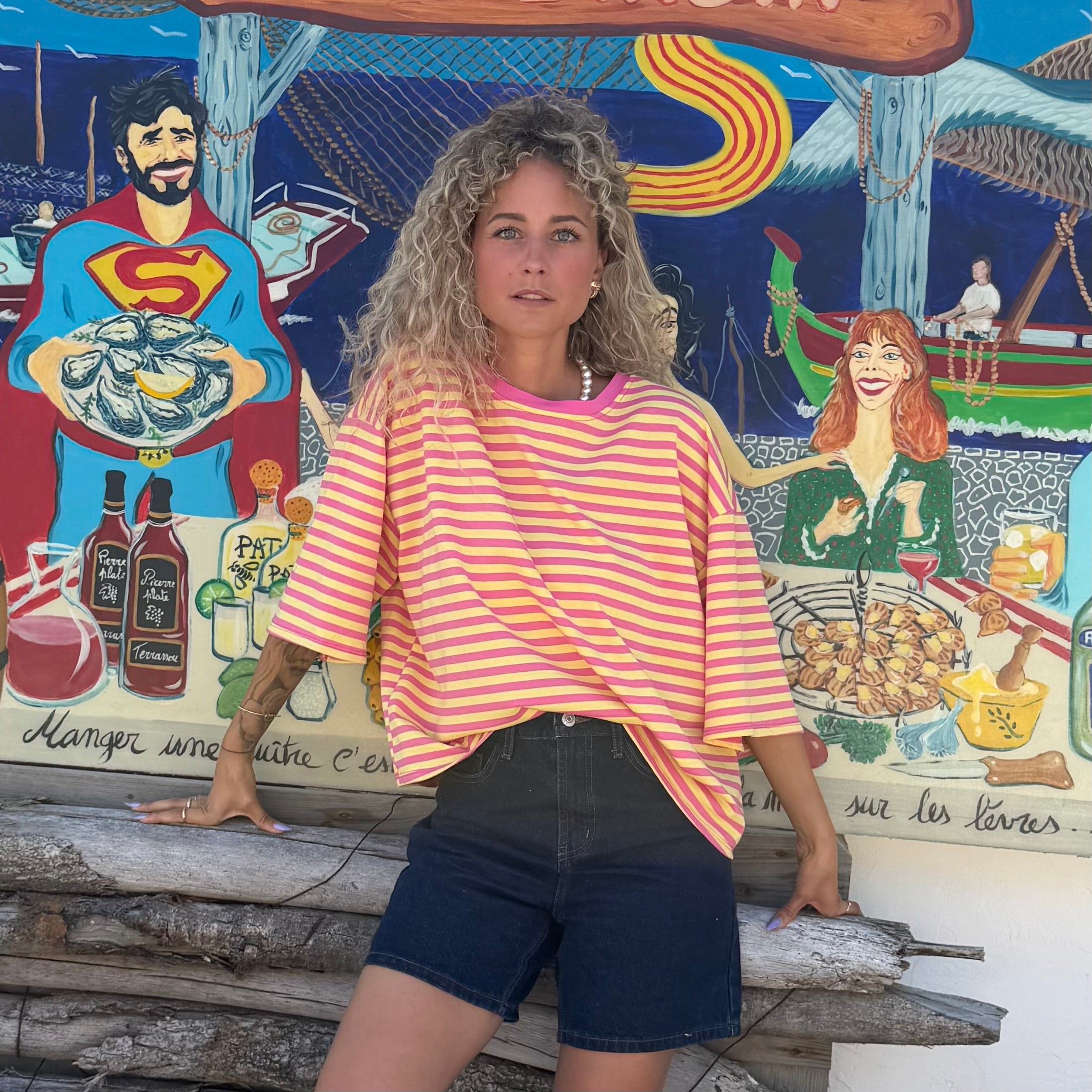 T-shirt marinière OLIVIA rose et jaune
