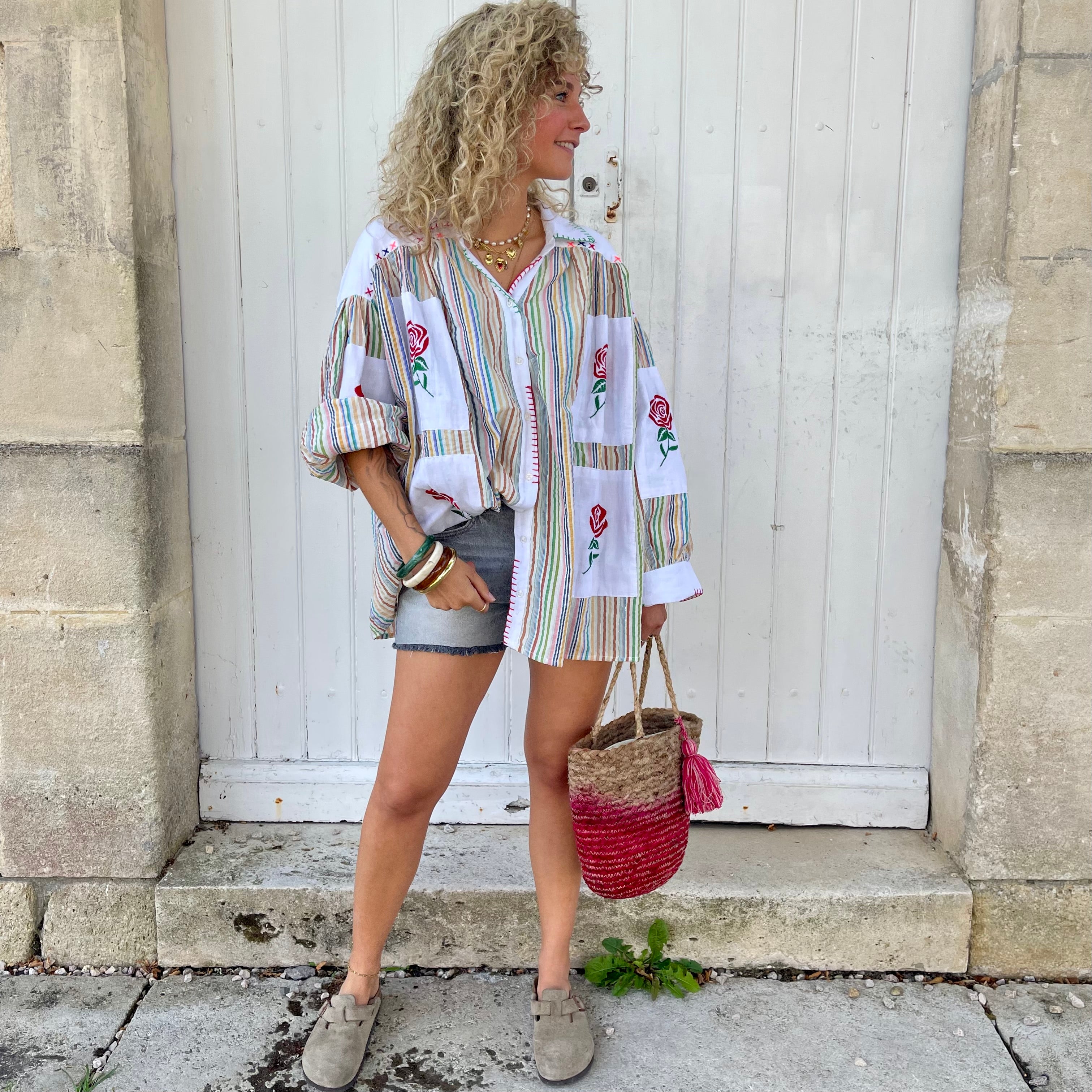Blouse ROSA oversize à rayures en gaz de coton brodé à la main