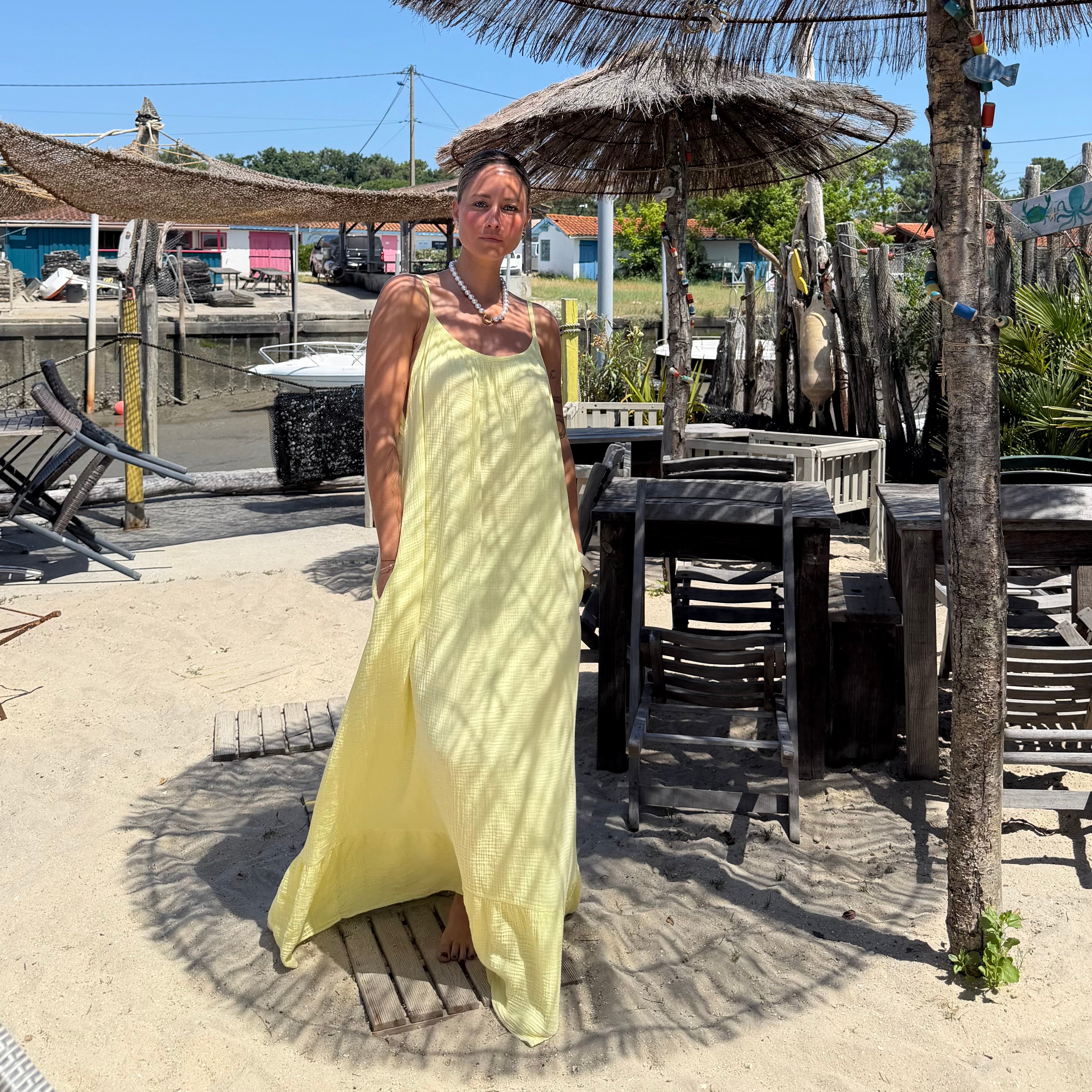 ROBE ANTA LONGUE GAZE DE COTON JAUNE CITRON