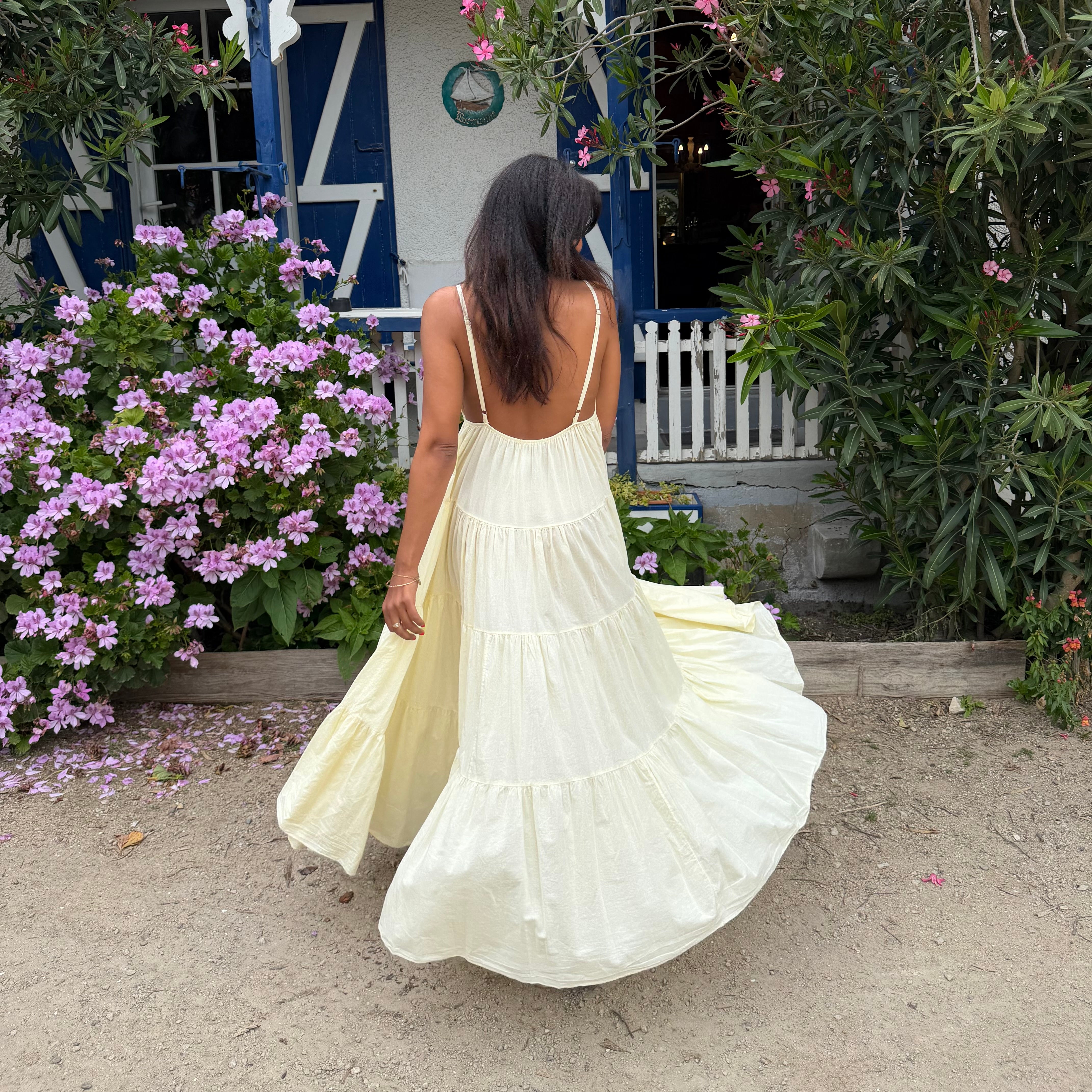 Robe longue SOLEIL bohème jaune dos nu