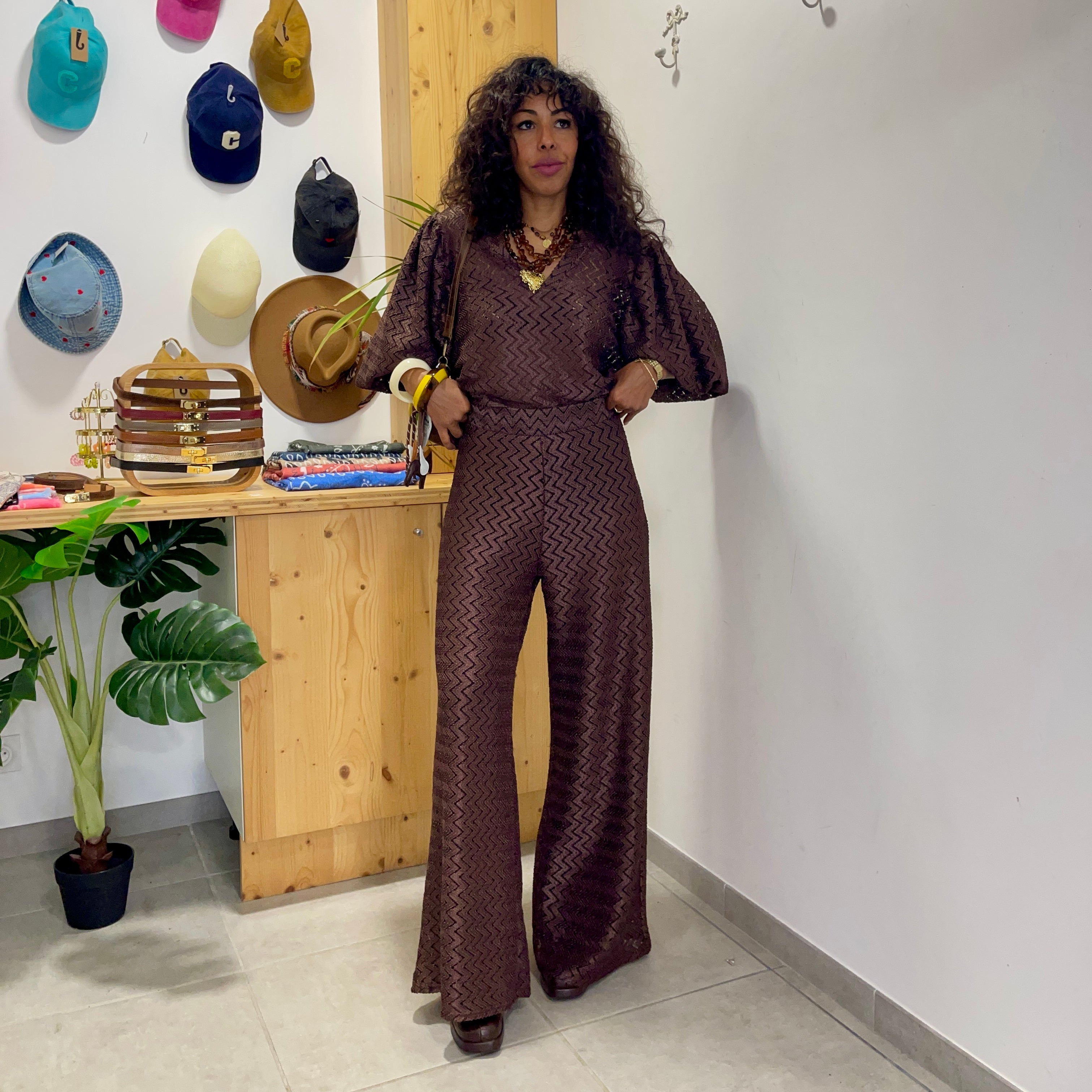 Pantalon MADRID marron métalisé à motif chevron