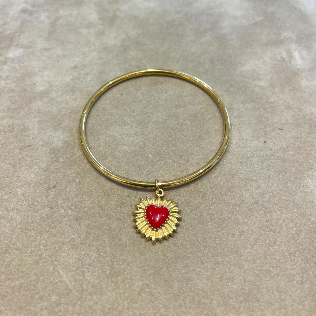 Jonc fin à pendentif coeur rouge