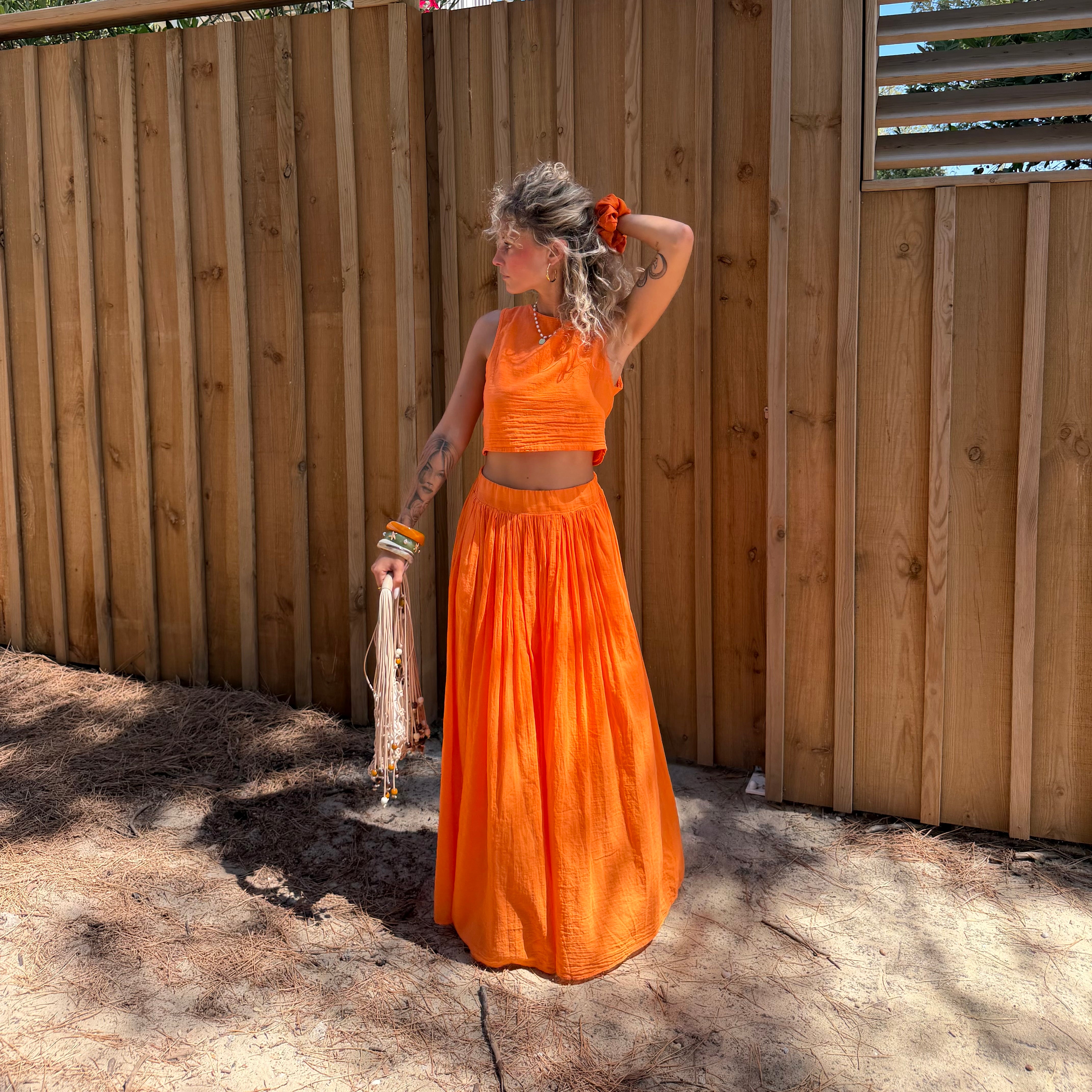Ensemble YDRA jupe et top dos nu en coton orange