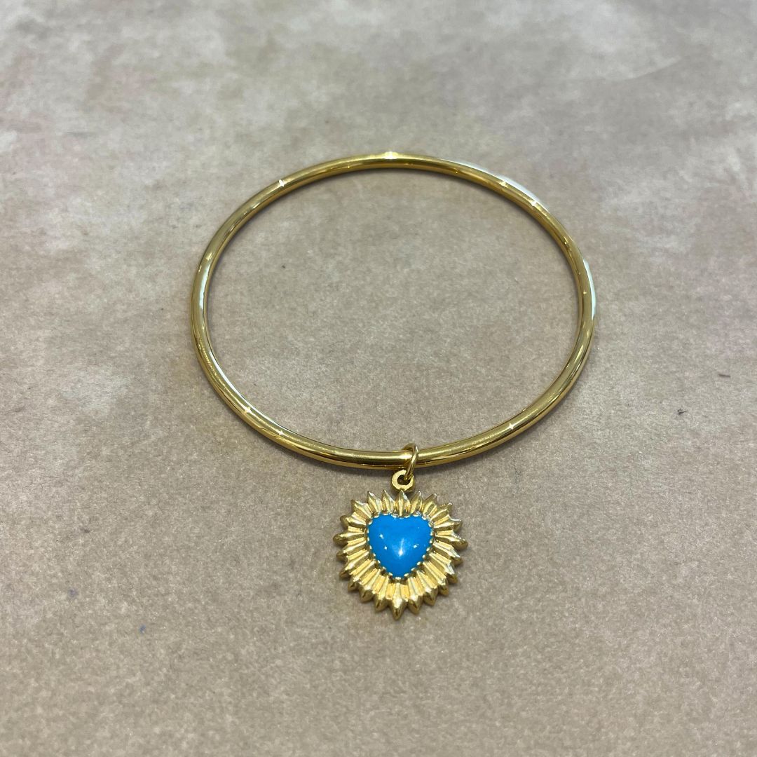 Jonc fin à pendentif coeur bleu turquoise
