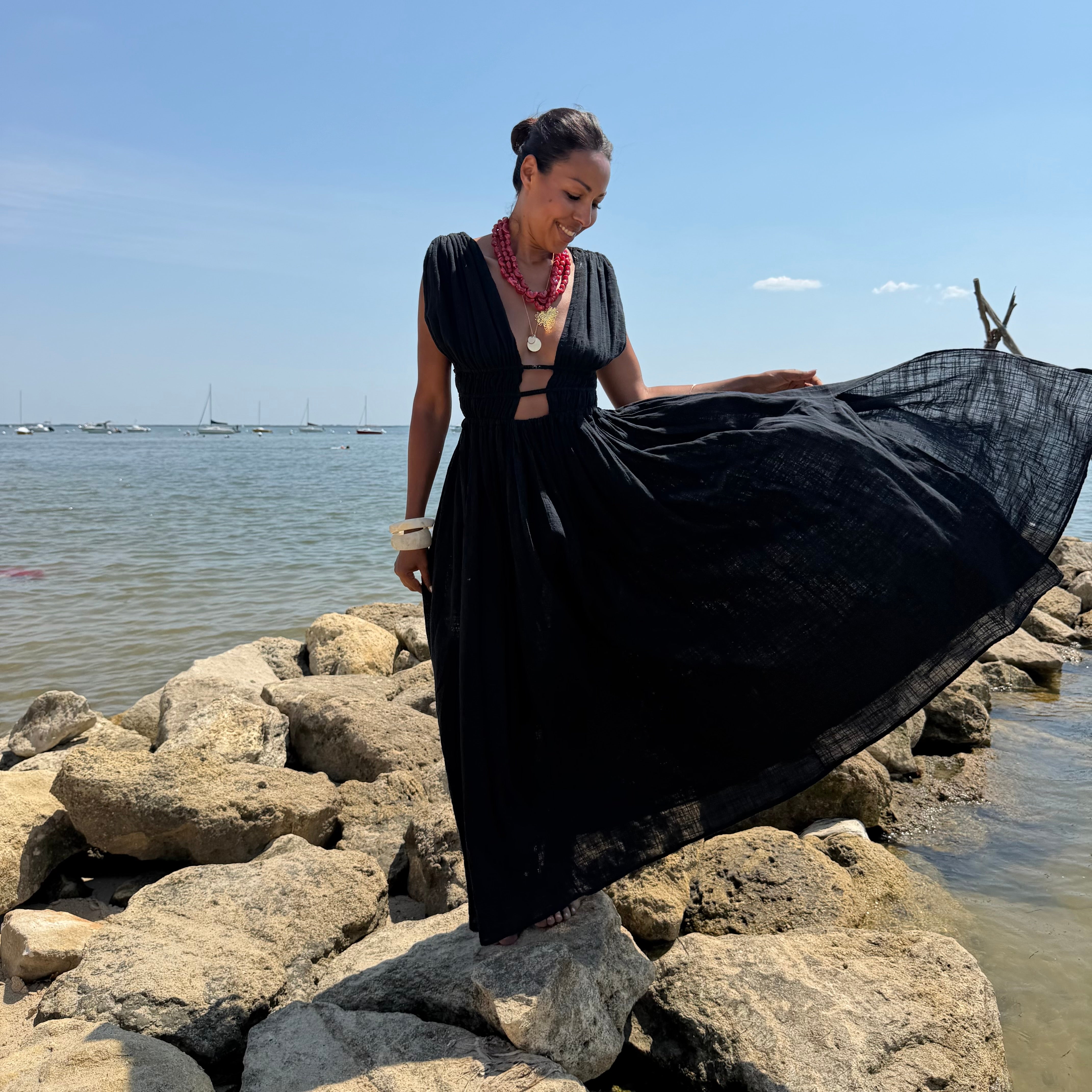 Robe GRECQUE bohème noire dos nu