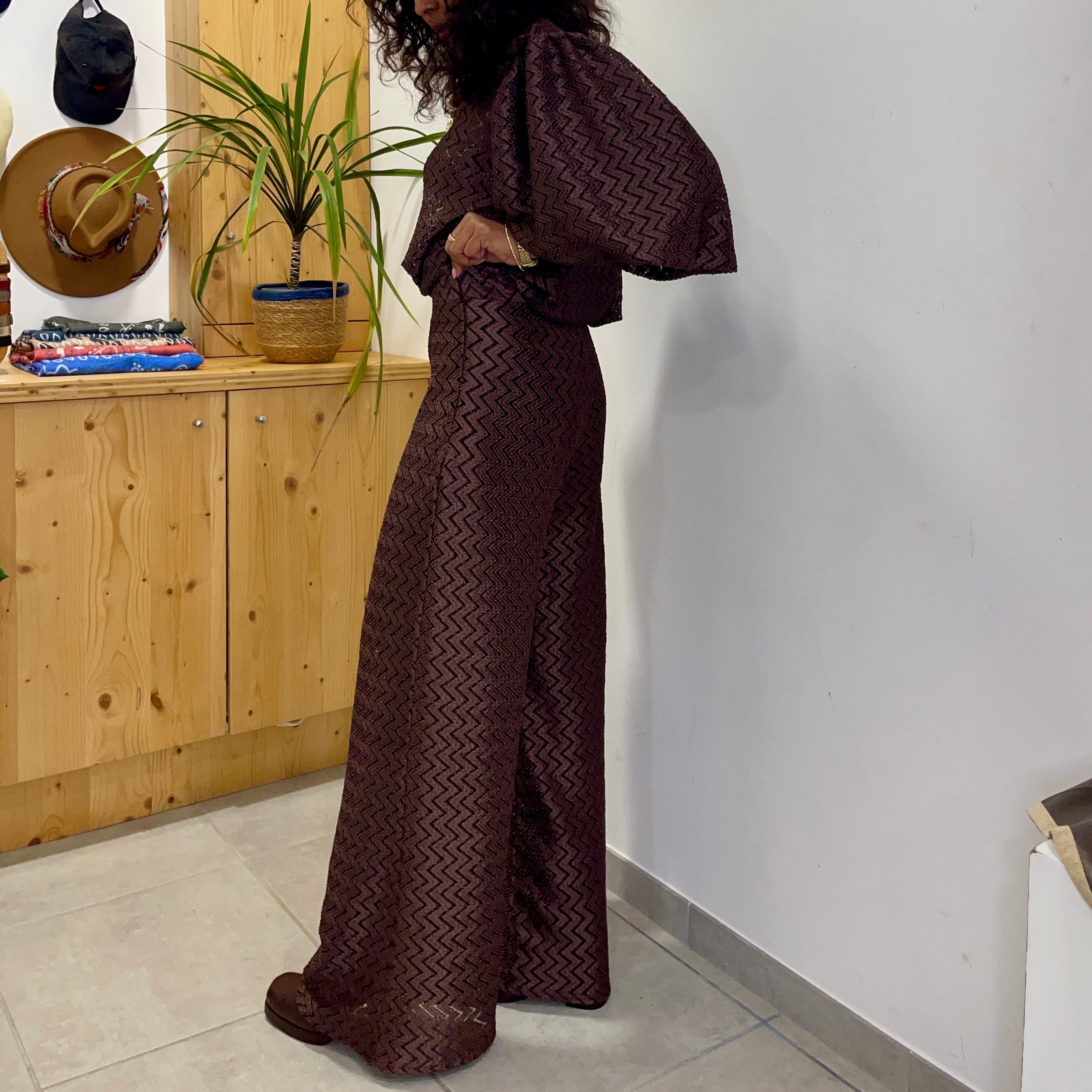 Pantalon MADRID marron métalisé à motif chevron
