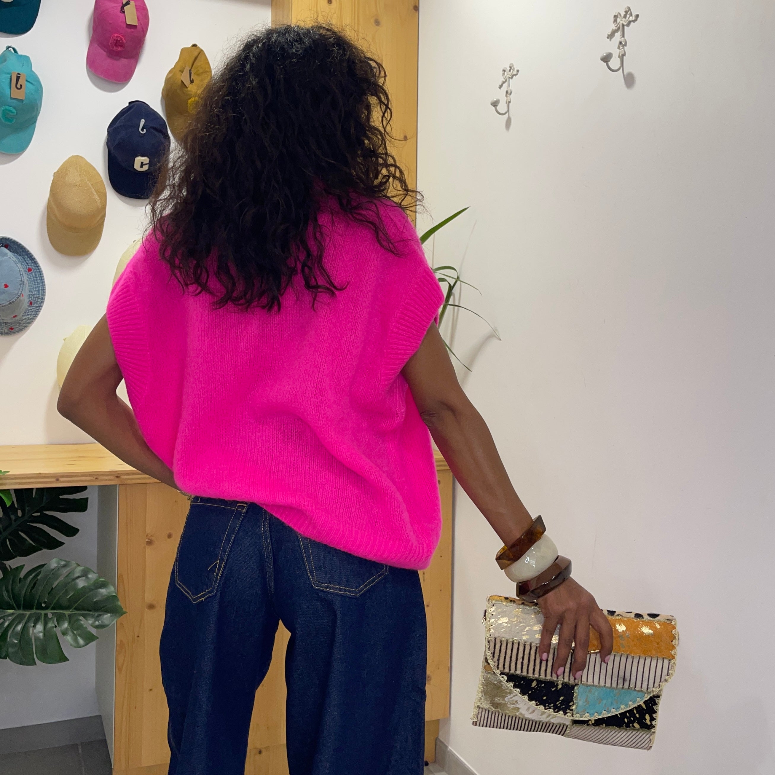 Pull manches courtes ANNA rose fushia en baby alpaga et laine