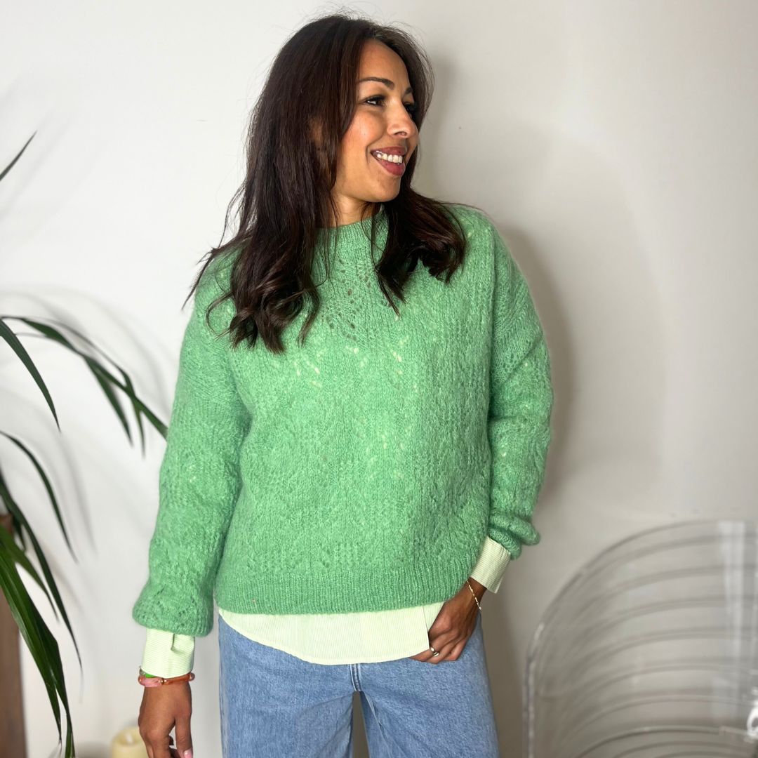 Pull oversize en laine et mohair CHANA vert à la maille ajourée