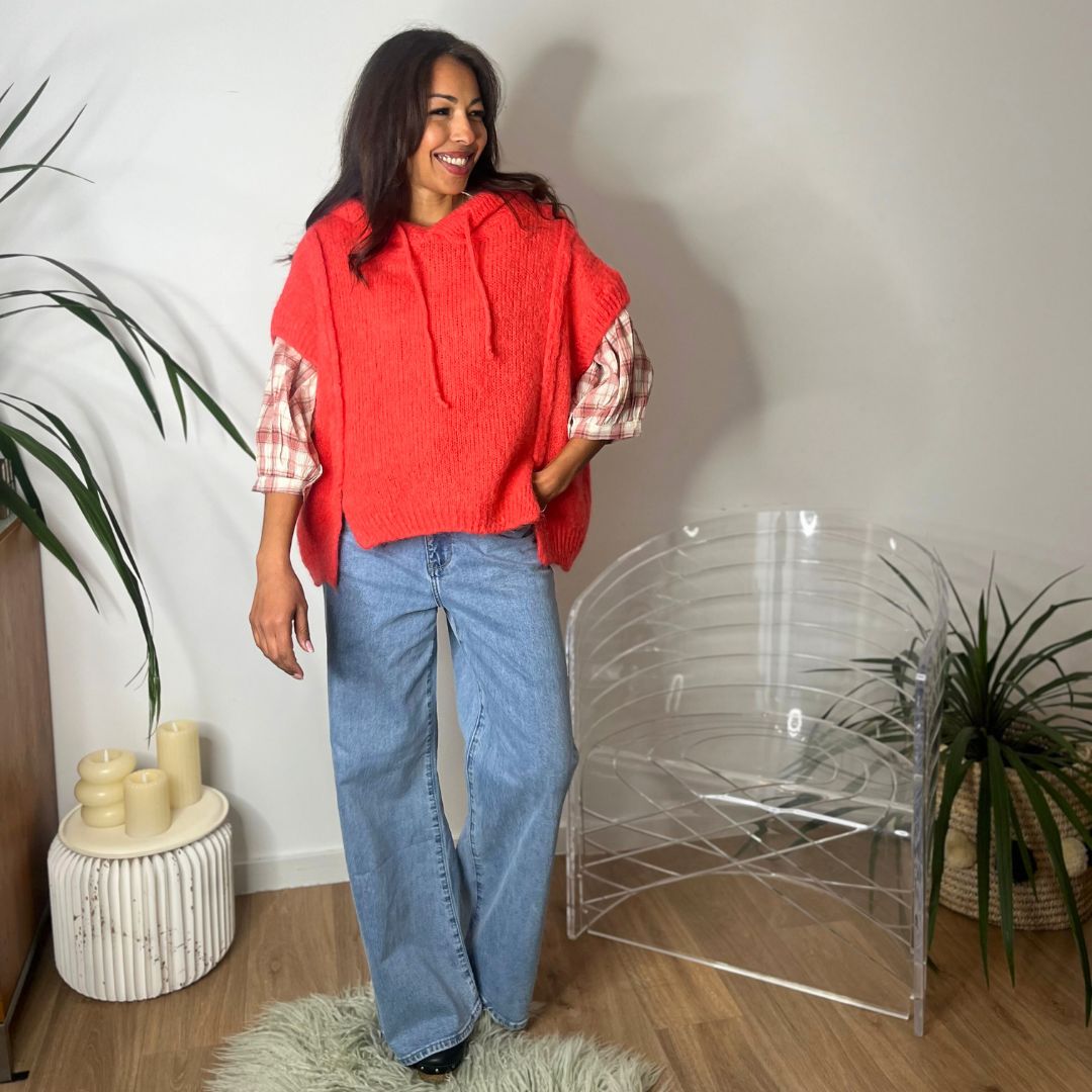 Pull sans-manches à capuche LIAM corail en kid mohair et laine