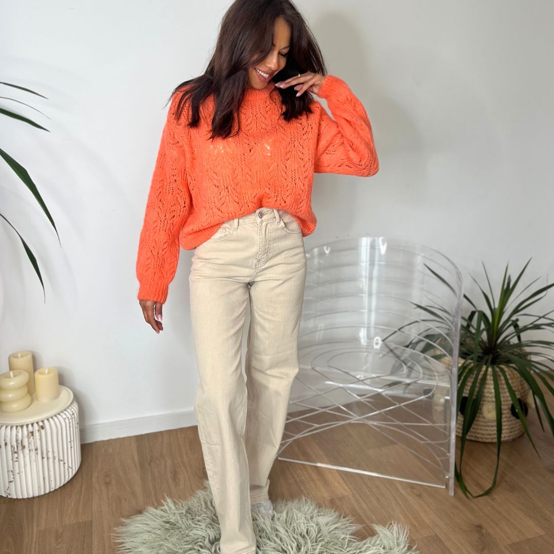Pull oversize en laine et mohair CHANA corail à la maille ajourée