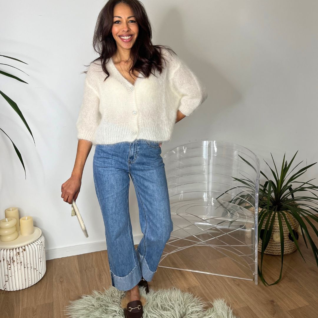 Gilet en kid mohair à manches trois-quarts STELLA écru doté de boutons bijoux