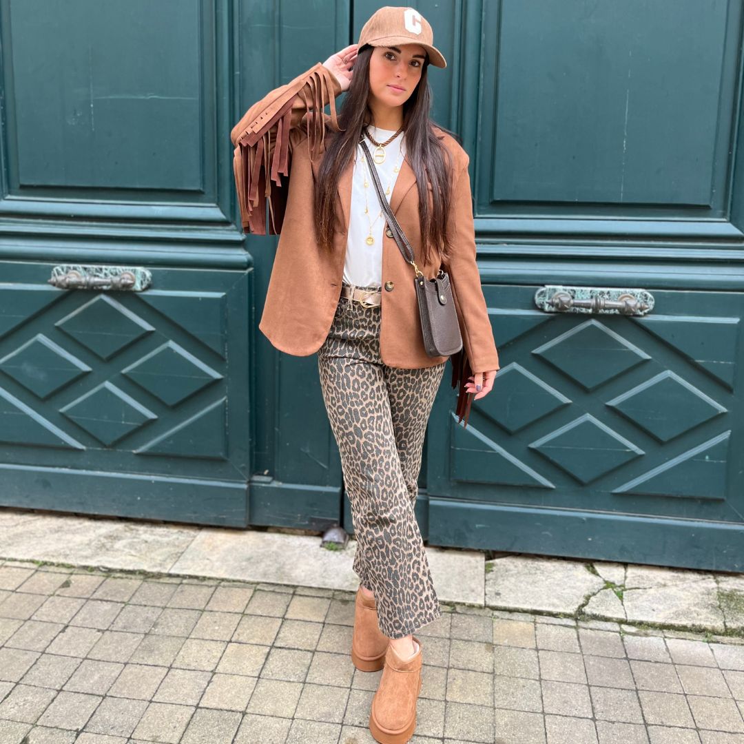 Veste effet daim camel FABIENNE ornée de franges