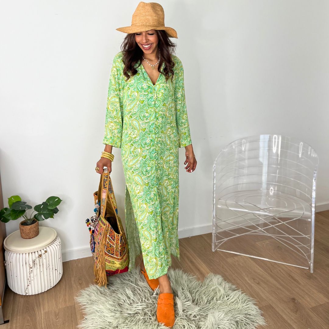 Robe longue façon chemise KATY aux motifs dans les tons de verts
