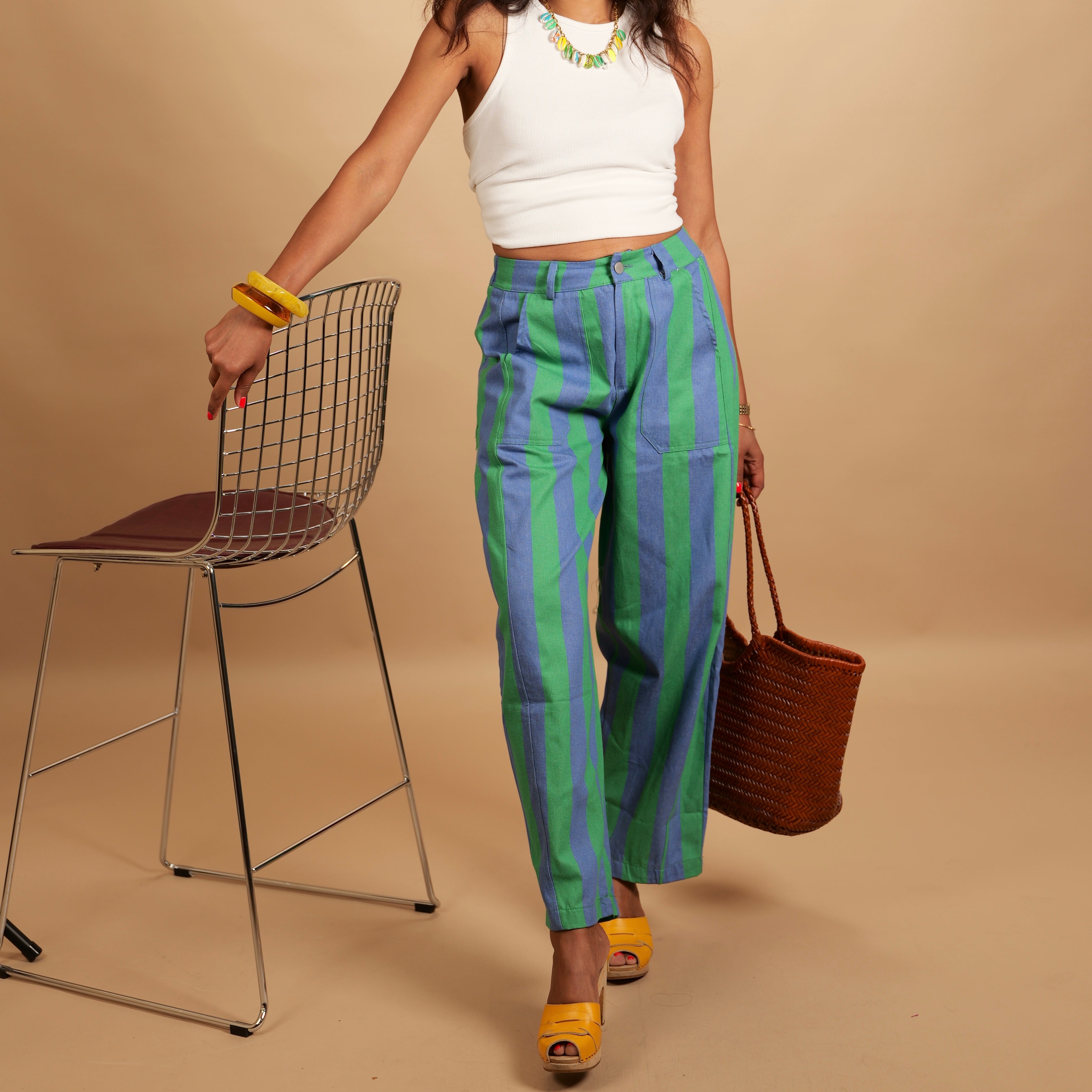 Pantalon LOUNA rayé bleu lavande & vert