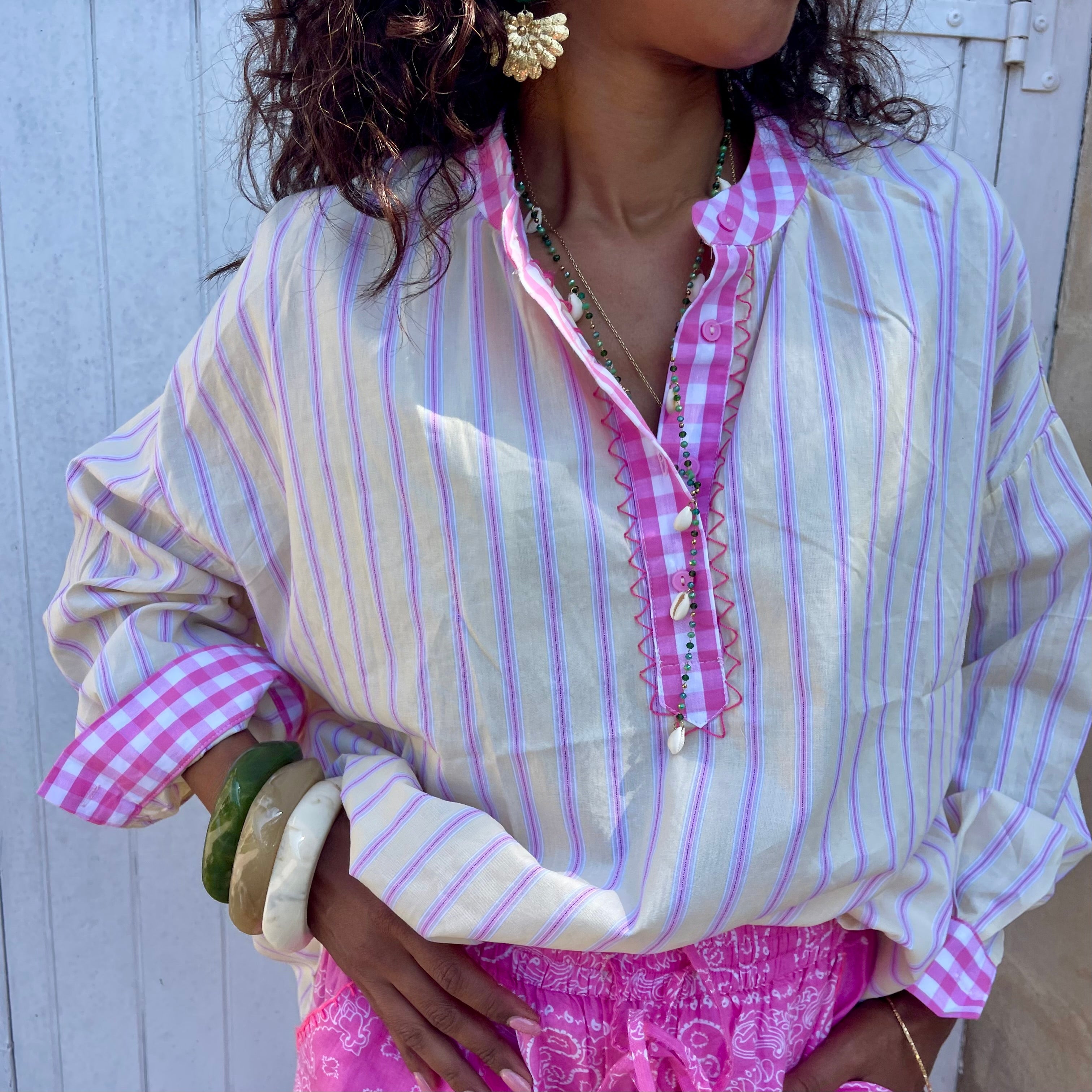 Blouse GIVI, jaune pale rayé rose, coton, oversize
