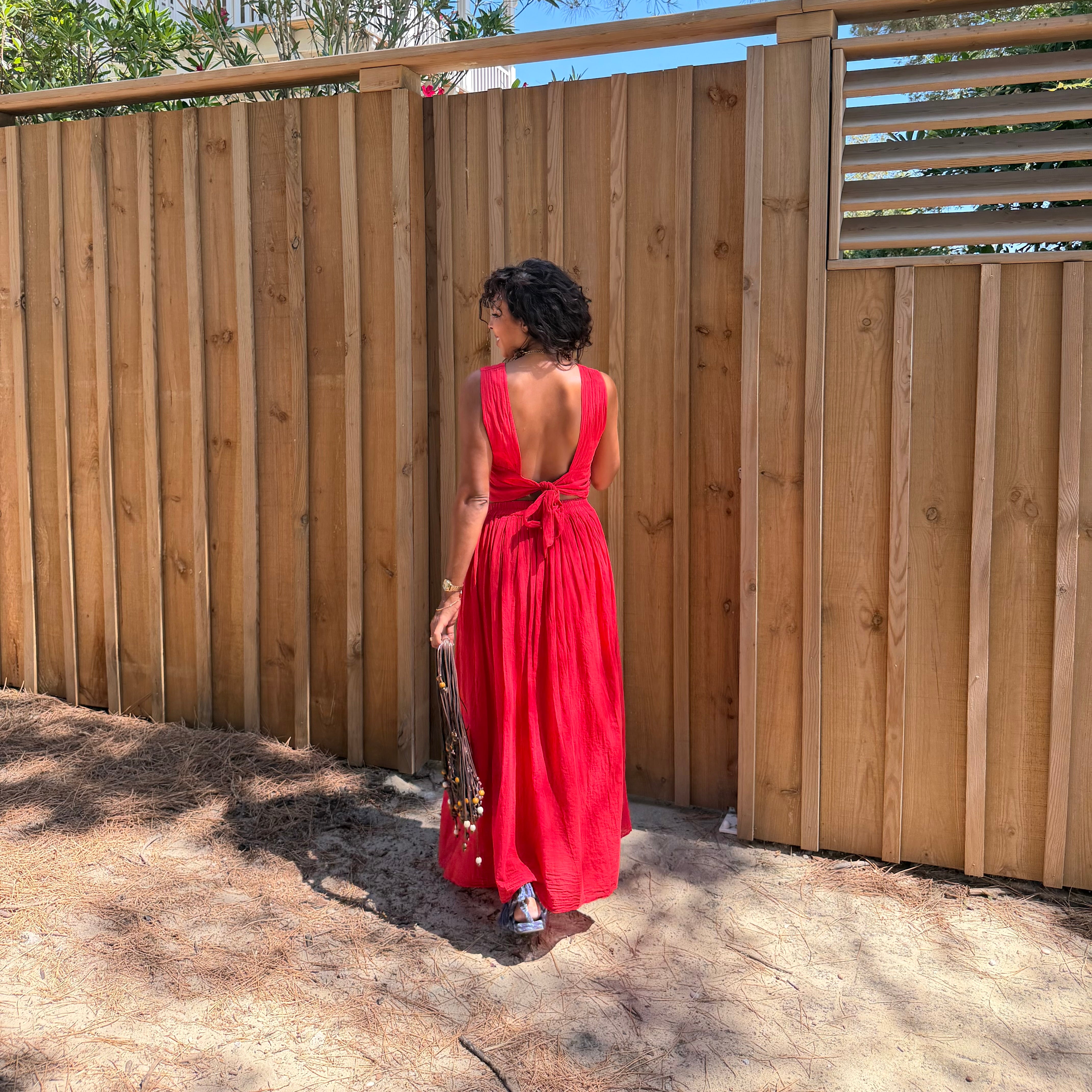 Ensemble YDRA jupe et top dos nu en coton rouge