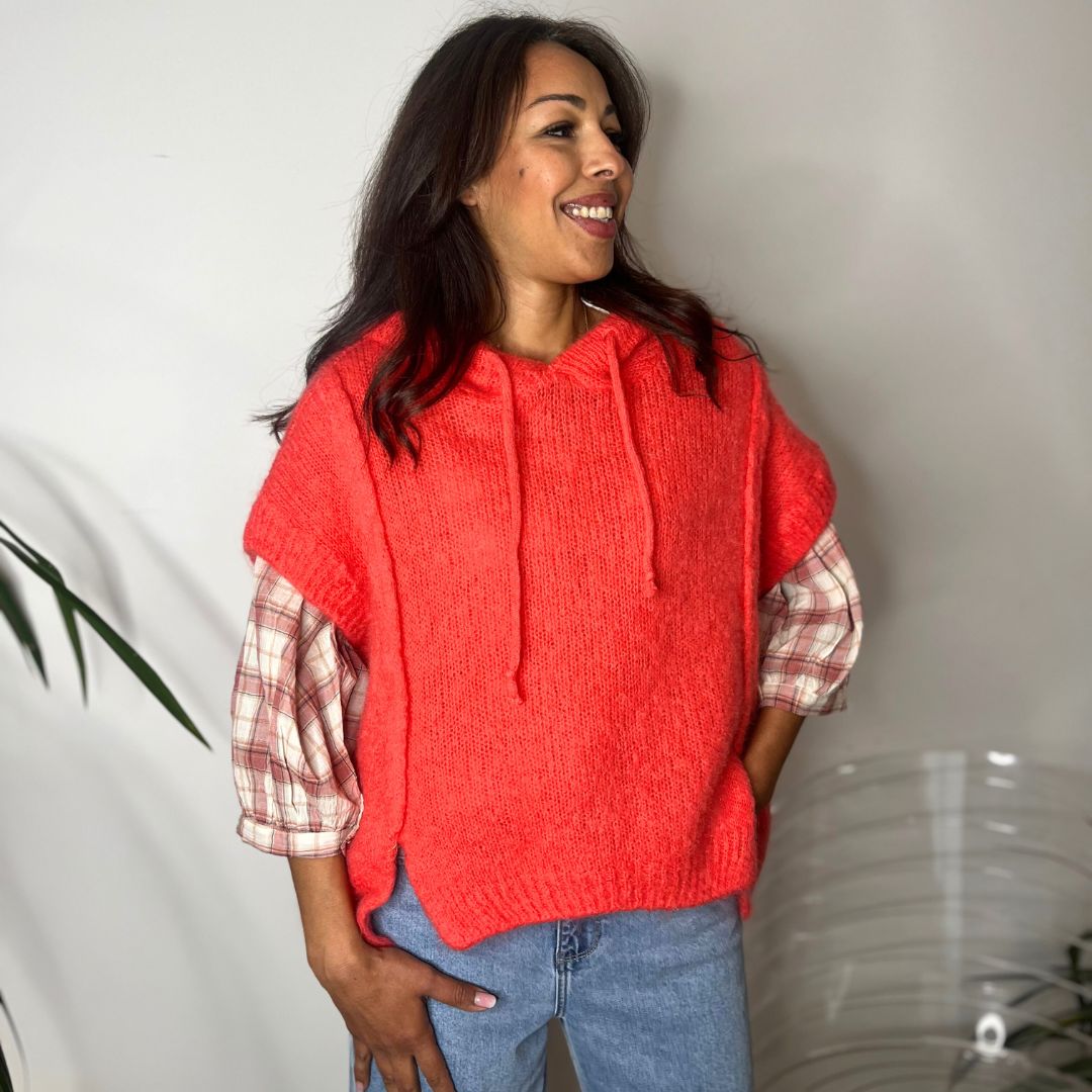 Pull sans-manches à capuche LIAM corail en kid mohair et laine