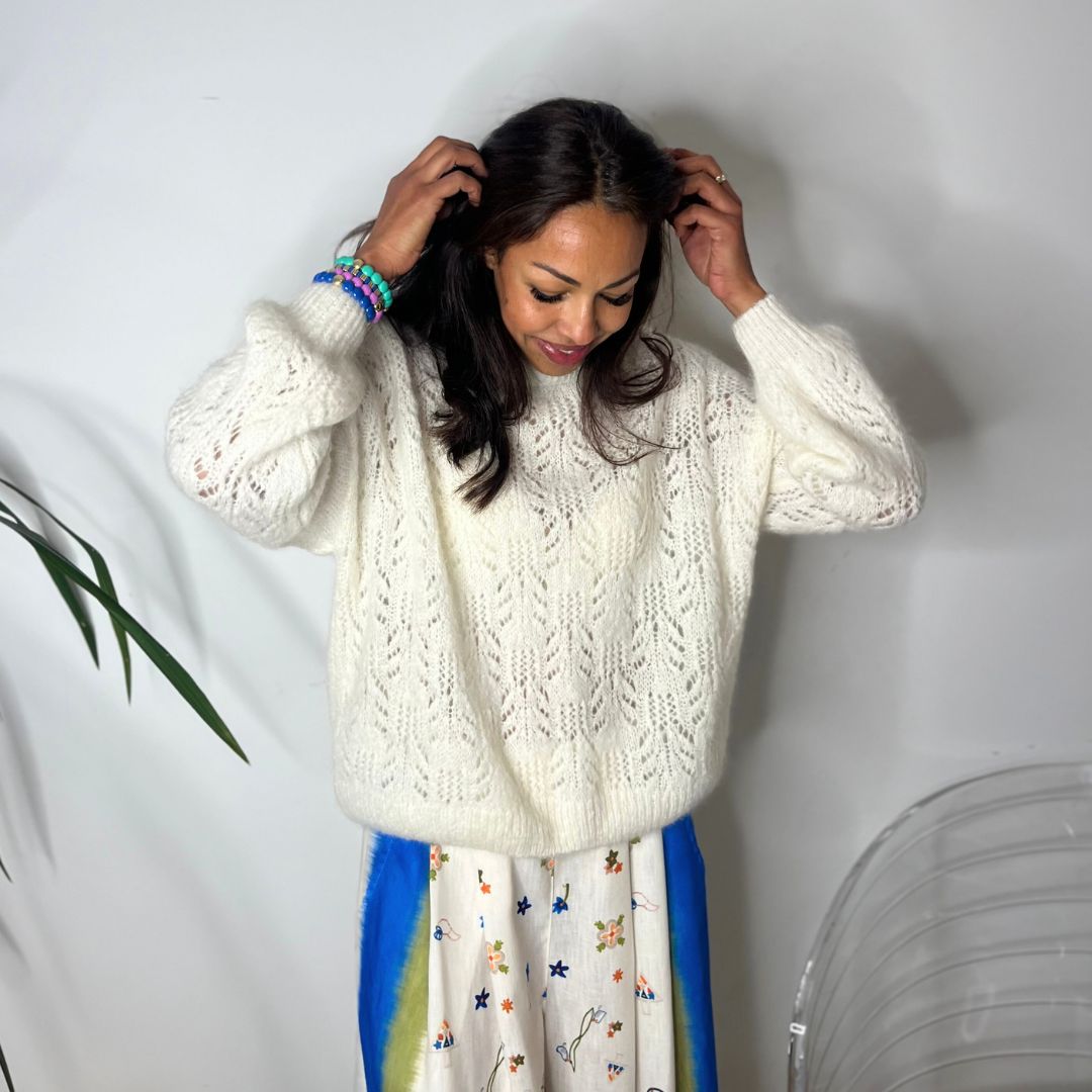 Pull oversize en laine et mohair CHANA écru à la maille ajourée