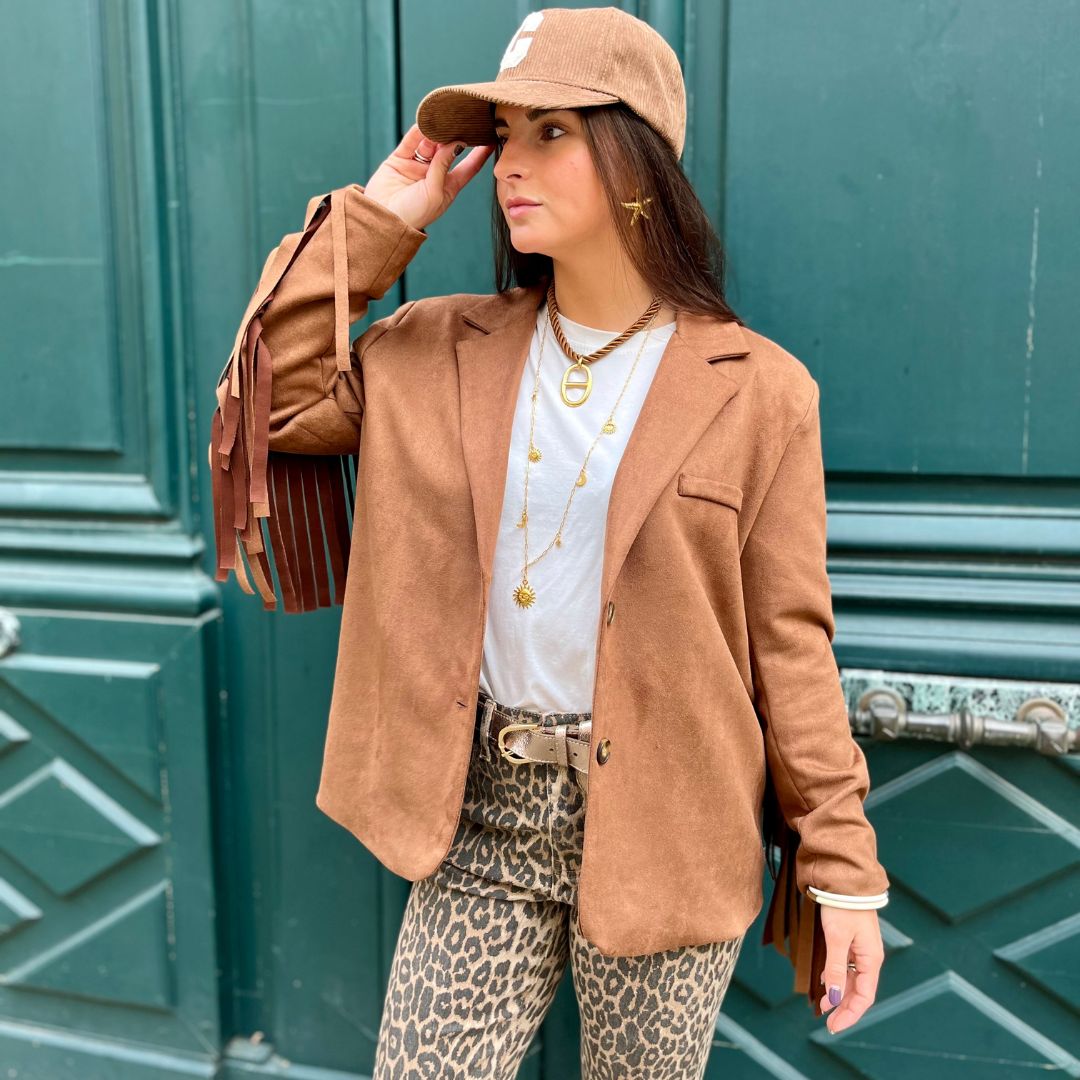 Veste effet daim camel FABIENNE ornée de franges