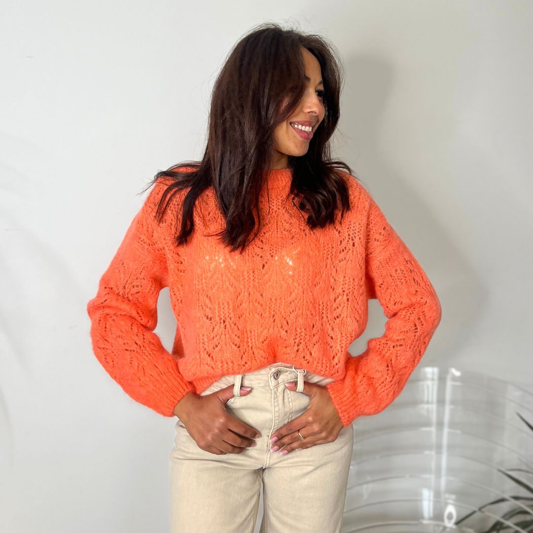 Pull oversize en laine et mohair CHANA corail à la maille ajourée