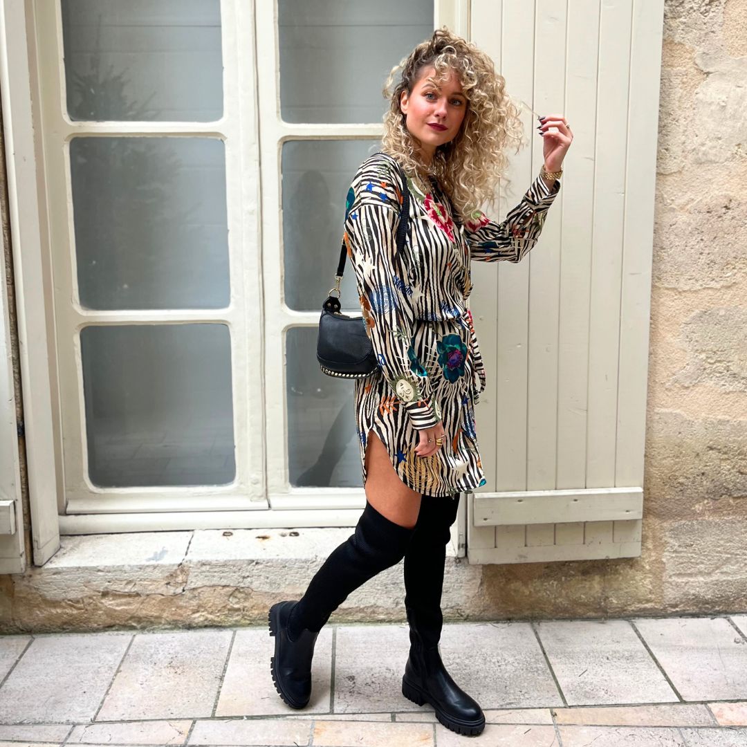 Robe cache-coeur courte à manches longues JORDANE ornée d'un motif zébré