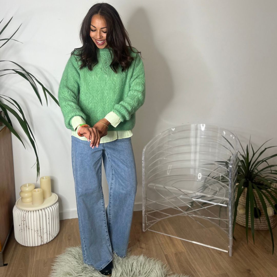 Pull oversize en laine et mohair CHANA vert à la maille ajourée