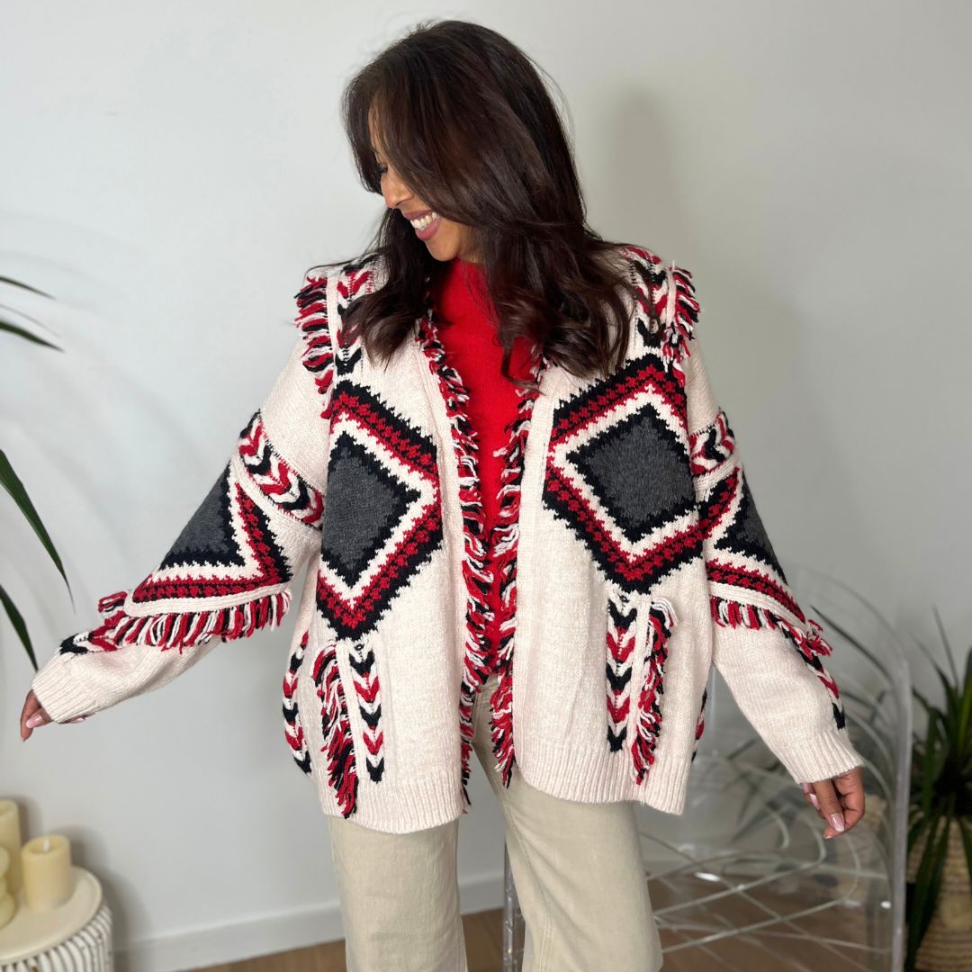 Veste en maille oversize sans fermeture TROMSO écrue ornée de motifs géométriques et de franges