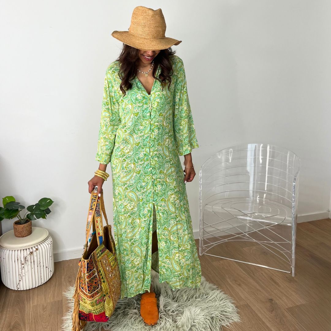 Robe longue façon chemise KATY aux motifs dans les tons de verts