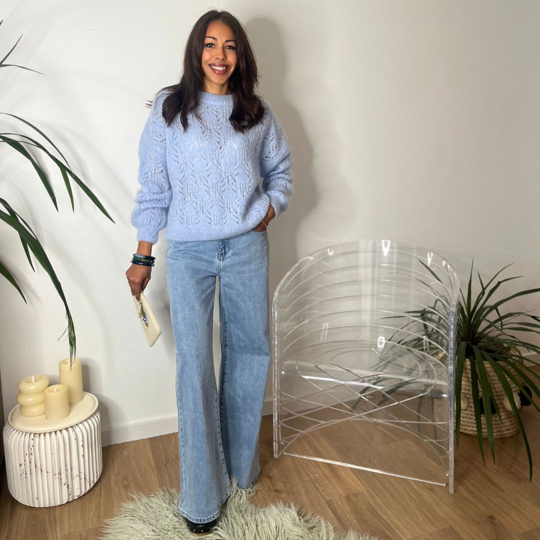 Pull oversize en laine et mohair CHANA bleu à la maille ajourée