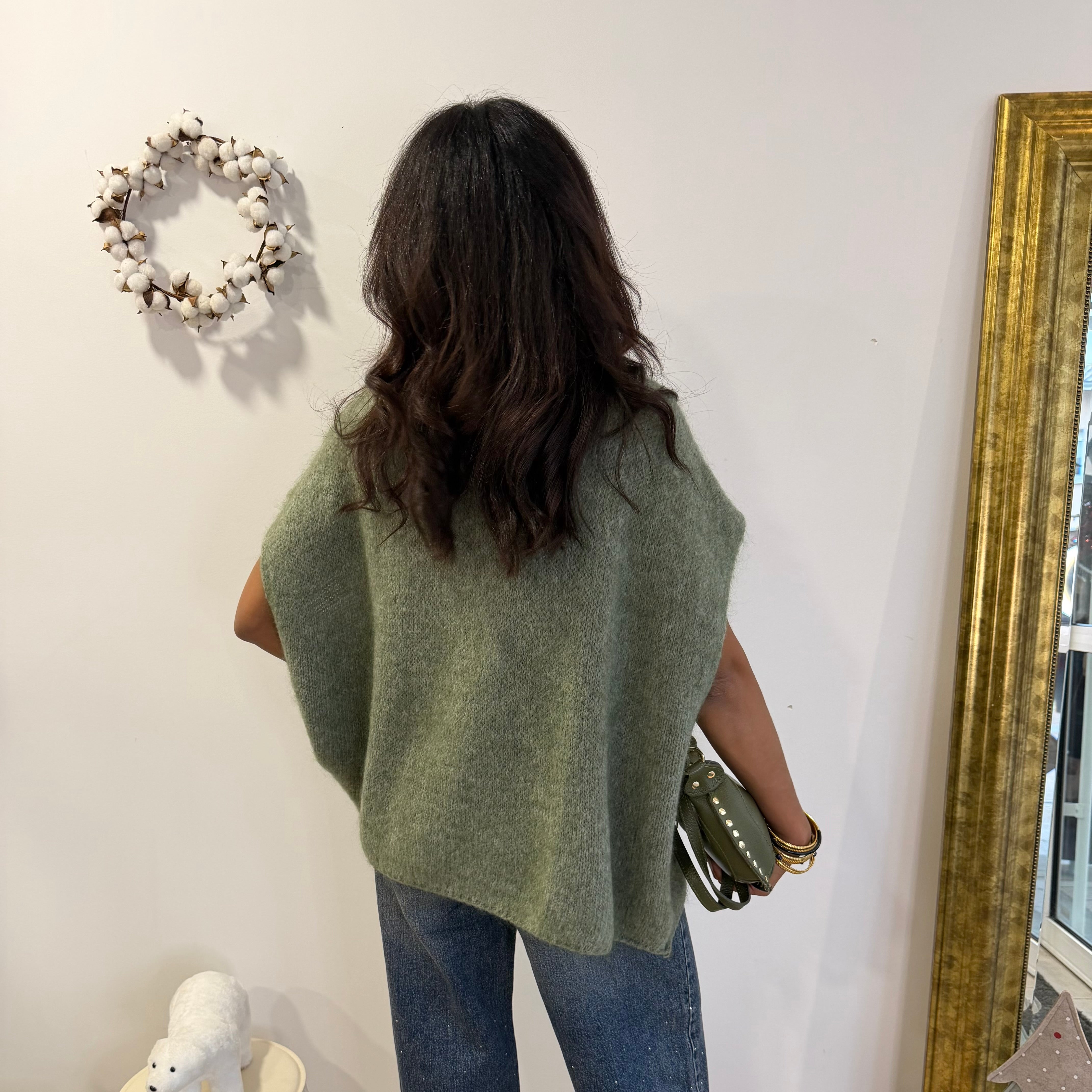 Pull col roulé, ANTA vert, mohair, laine