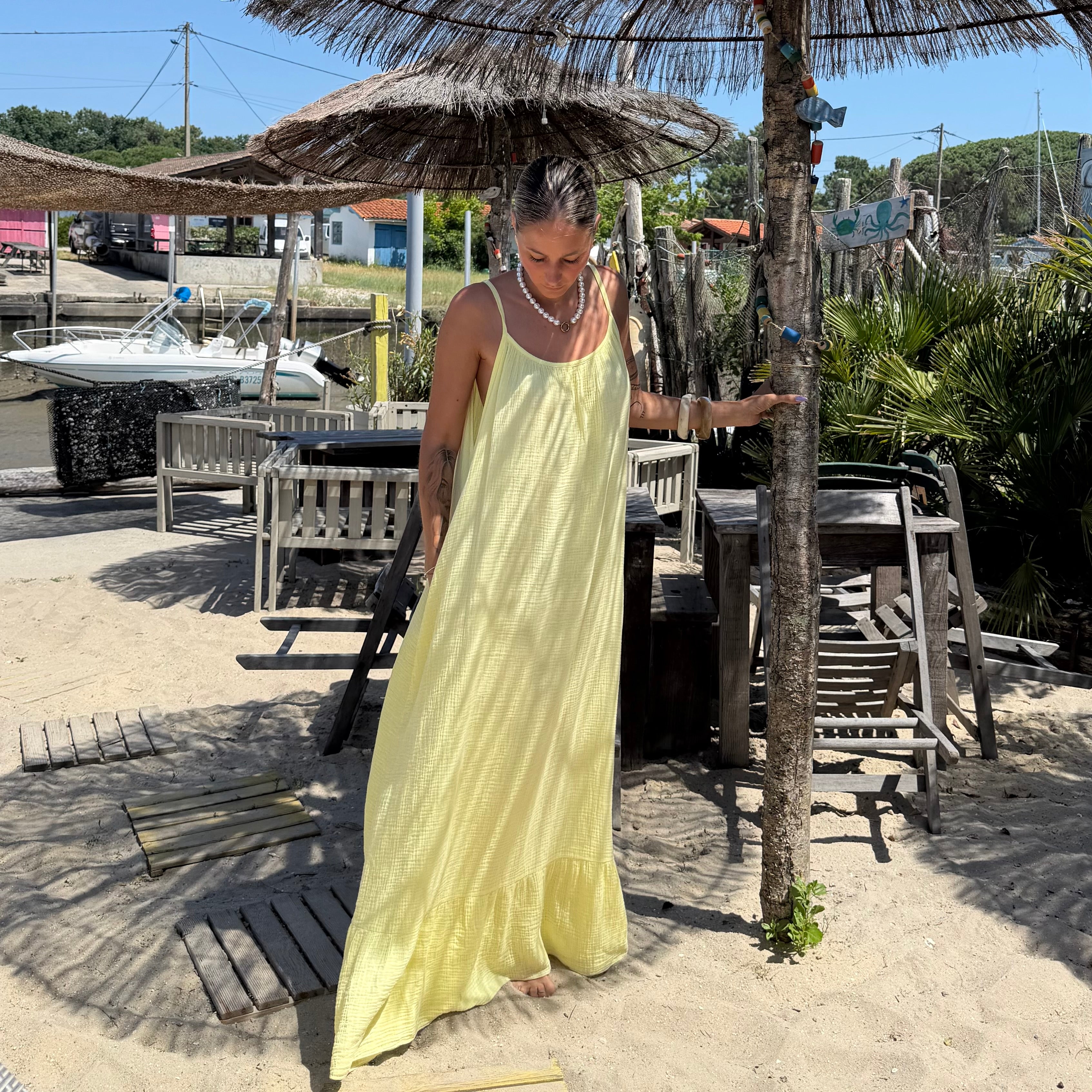 ROBE ANTA LONGUE GAZE DE COTON JAUNE CITRON