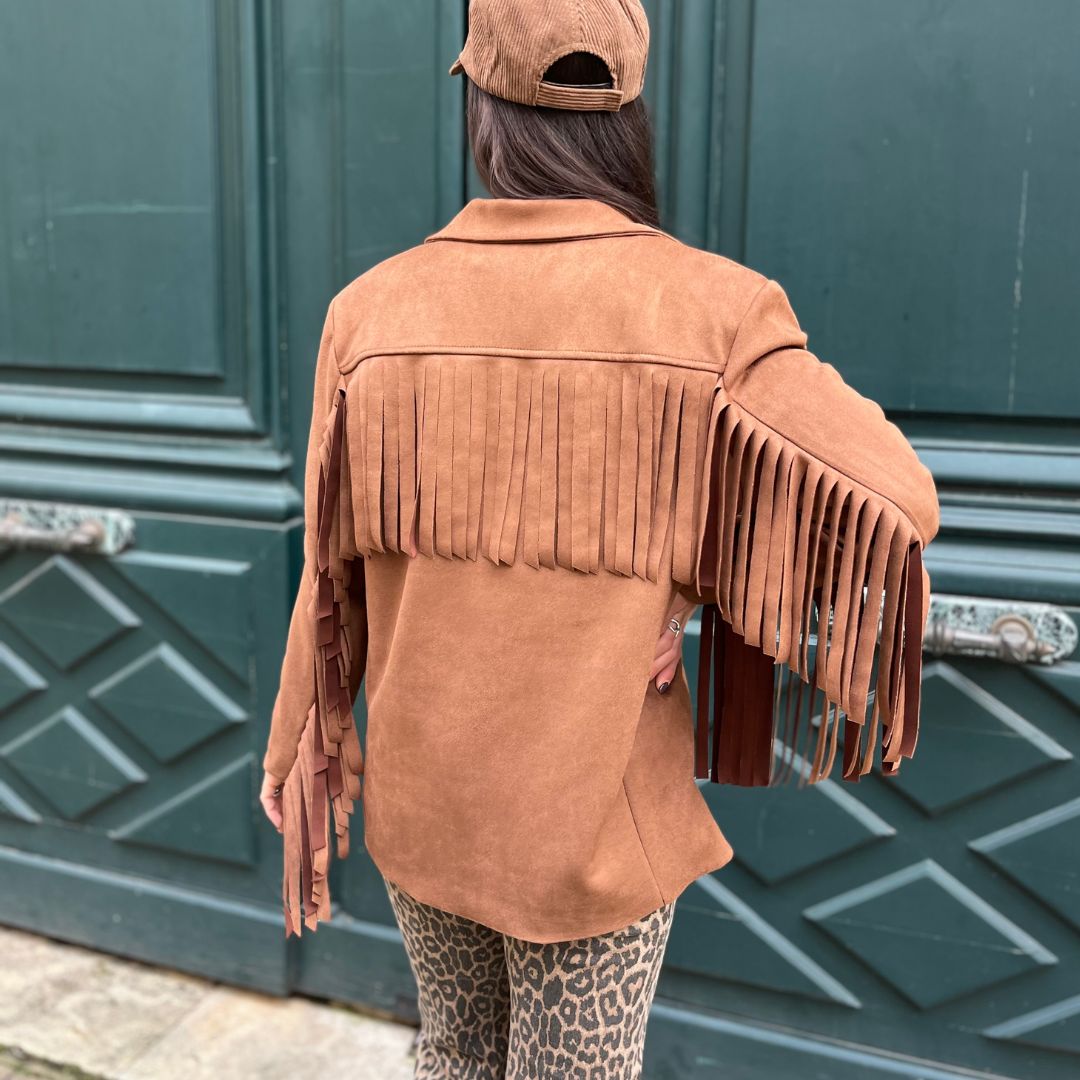 Veste effet daim camel FABIENNE ornée de franges