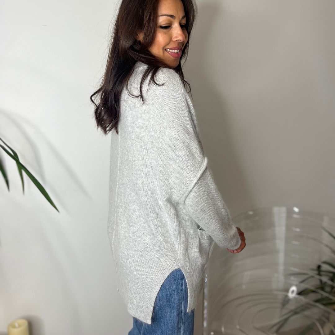 Gilet long et oversize ALIENOR gris brodé de fleurs en relief