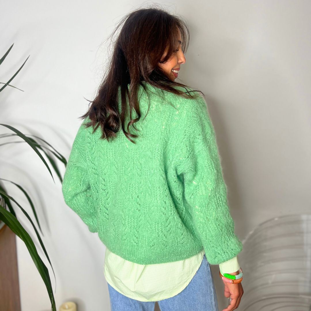 Pull oversize en laine et mohair CHANA vert à la maille ajourée