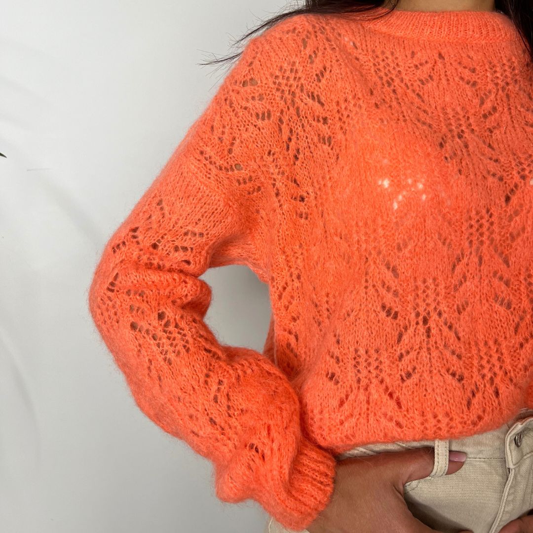 Pull oversize en laine et mohair CHANA corail à la maille ajourée