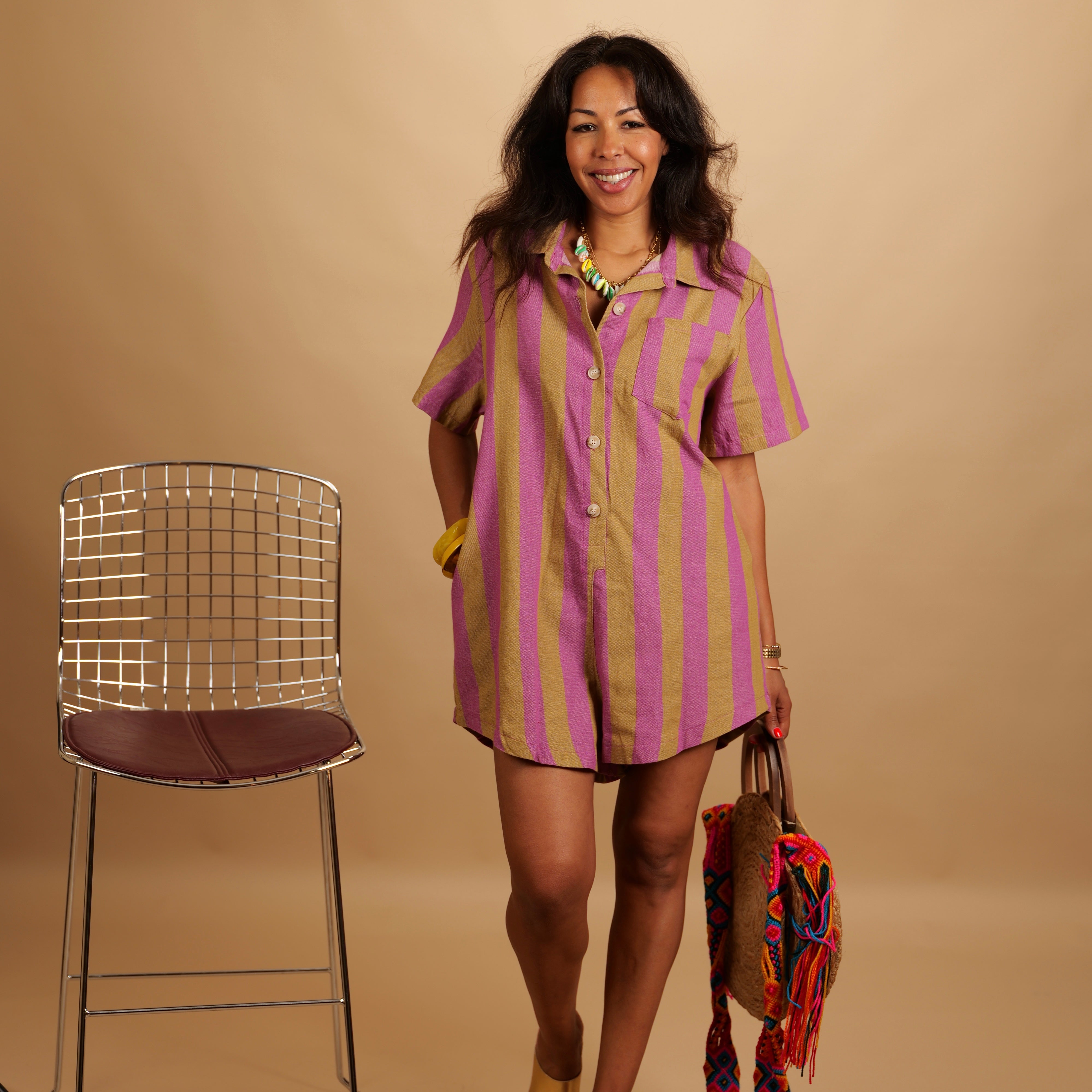 Combishort ZYRA rayée violet framboise & vert olive