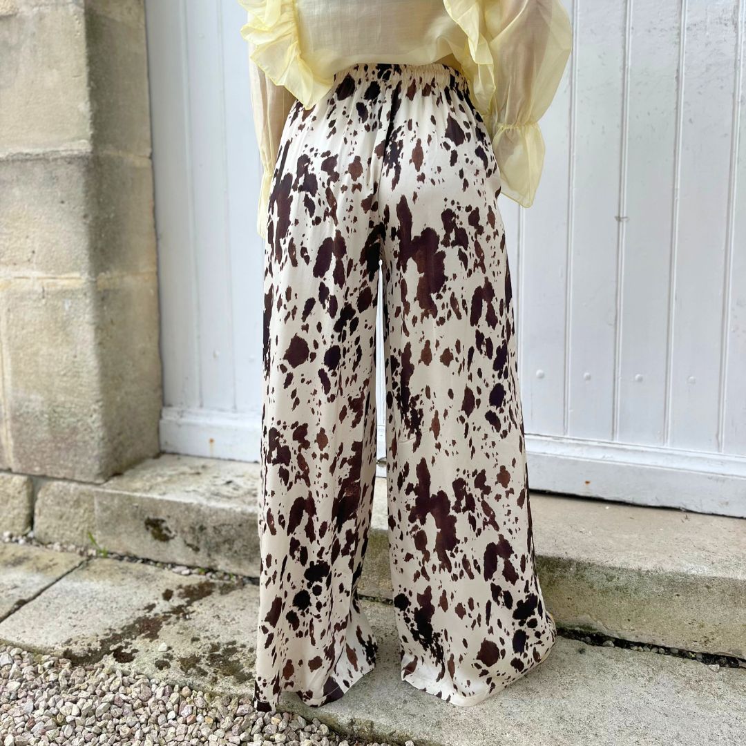 Pantalon fluide à la coupe large COW doté d'une taille haute élastique et d'un motif vache