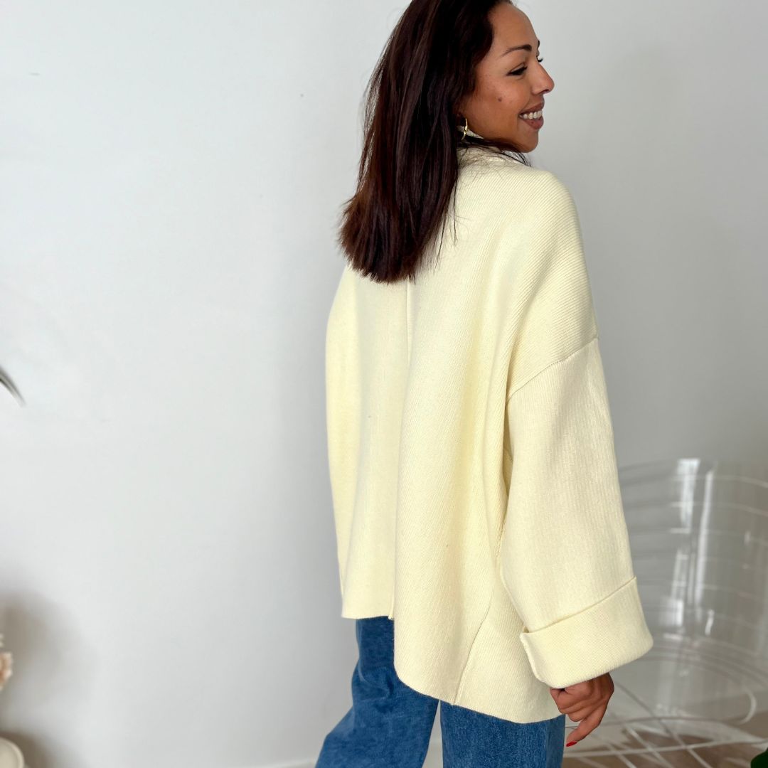 Veste en maille épaisse écrue PASCALE sans fermeture à la coupe longue et oversize