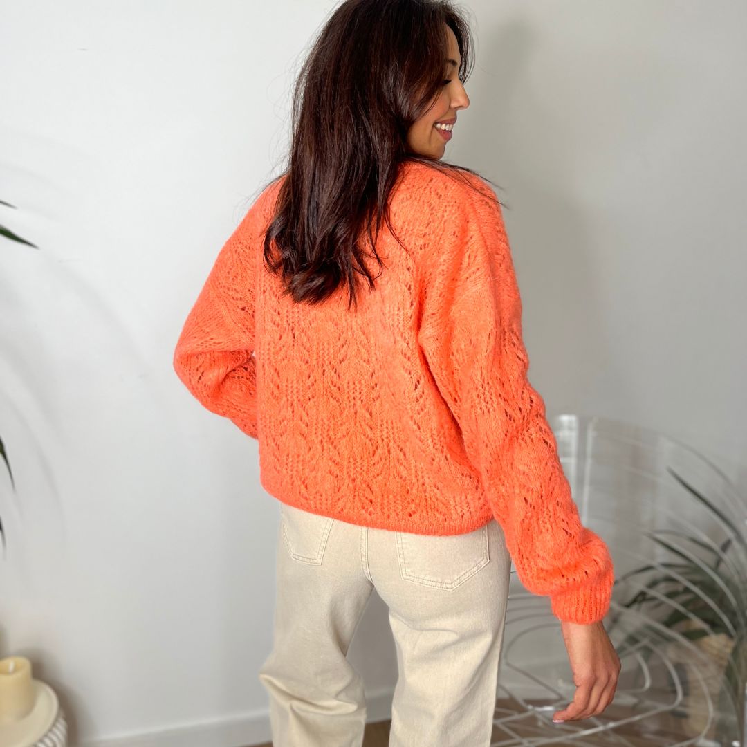Pull oversize en laine et mohair CHANA corail à la maille ajourée